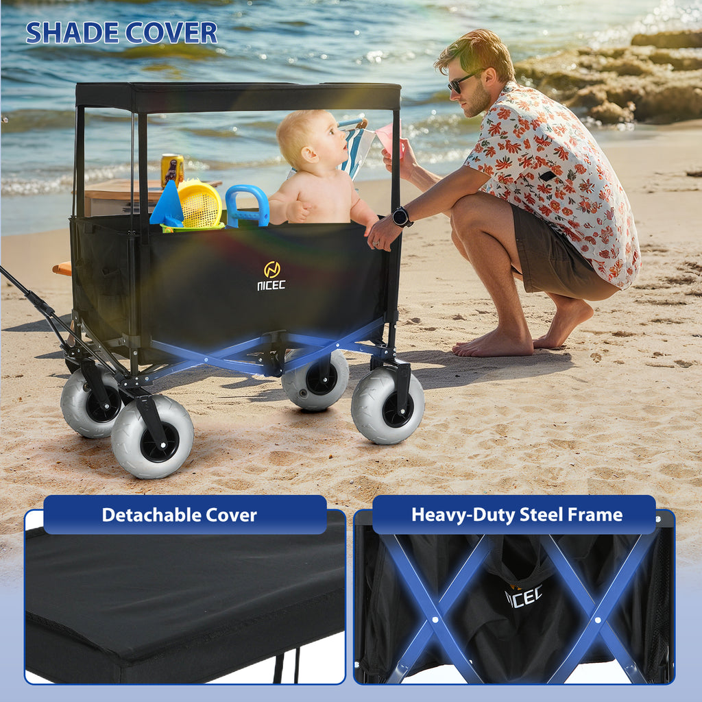 Nice C Beach Cart with Balloon Wheels, Heavy-Duty Folding Wagon for Sand, Adjustable Handle, Collapsible Utility Cart, 220 lbs Capacity