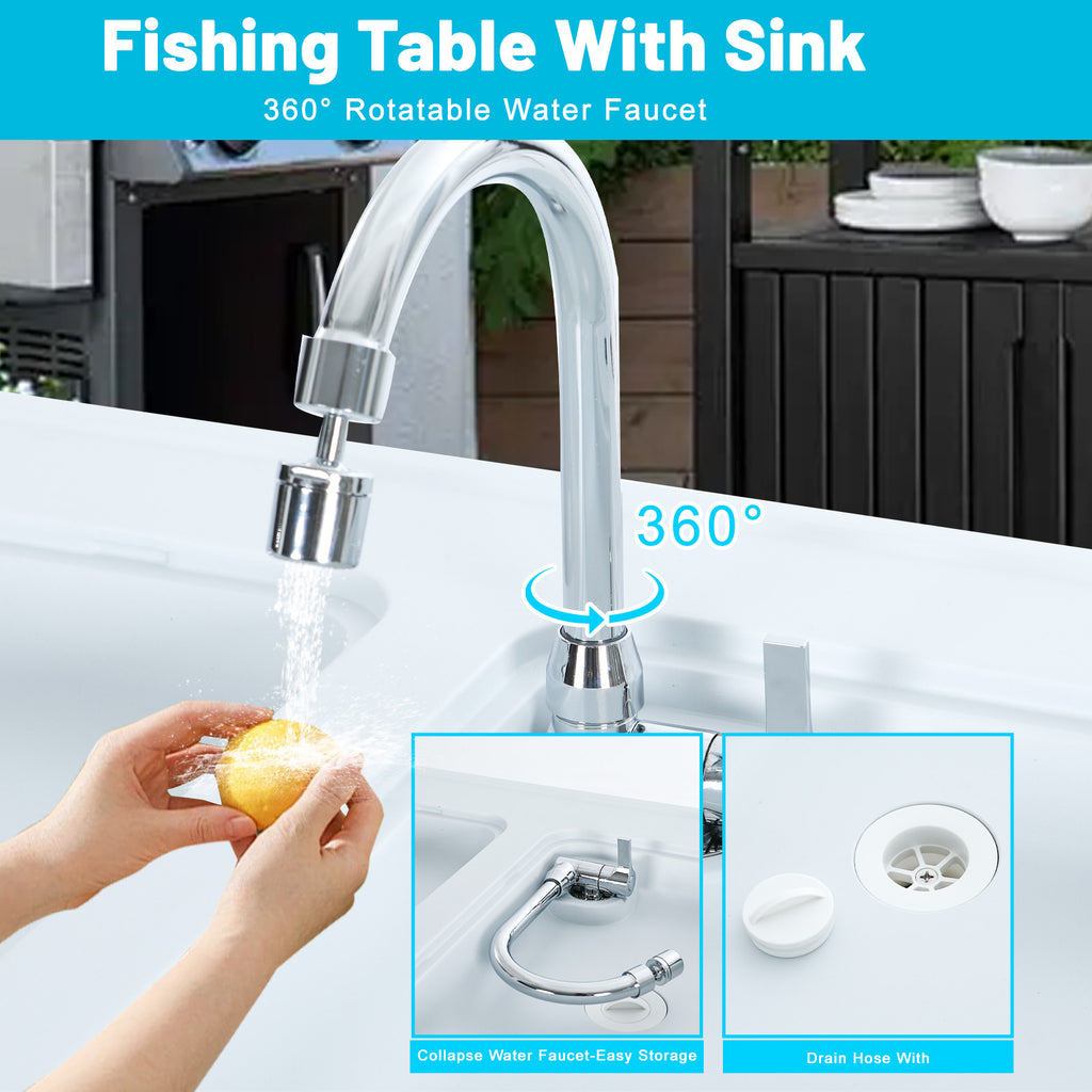 Nice C Outdoor Fish Cleaning Table with Sink, Spray, and Storage Rack 