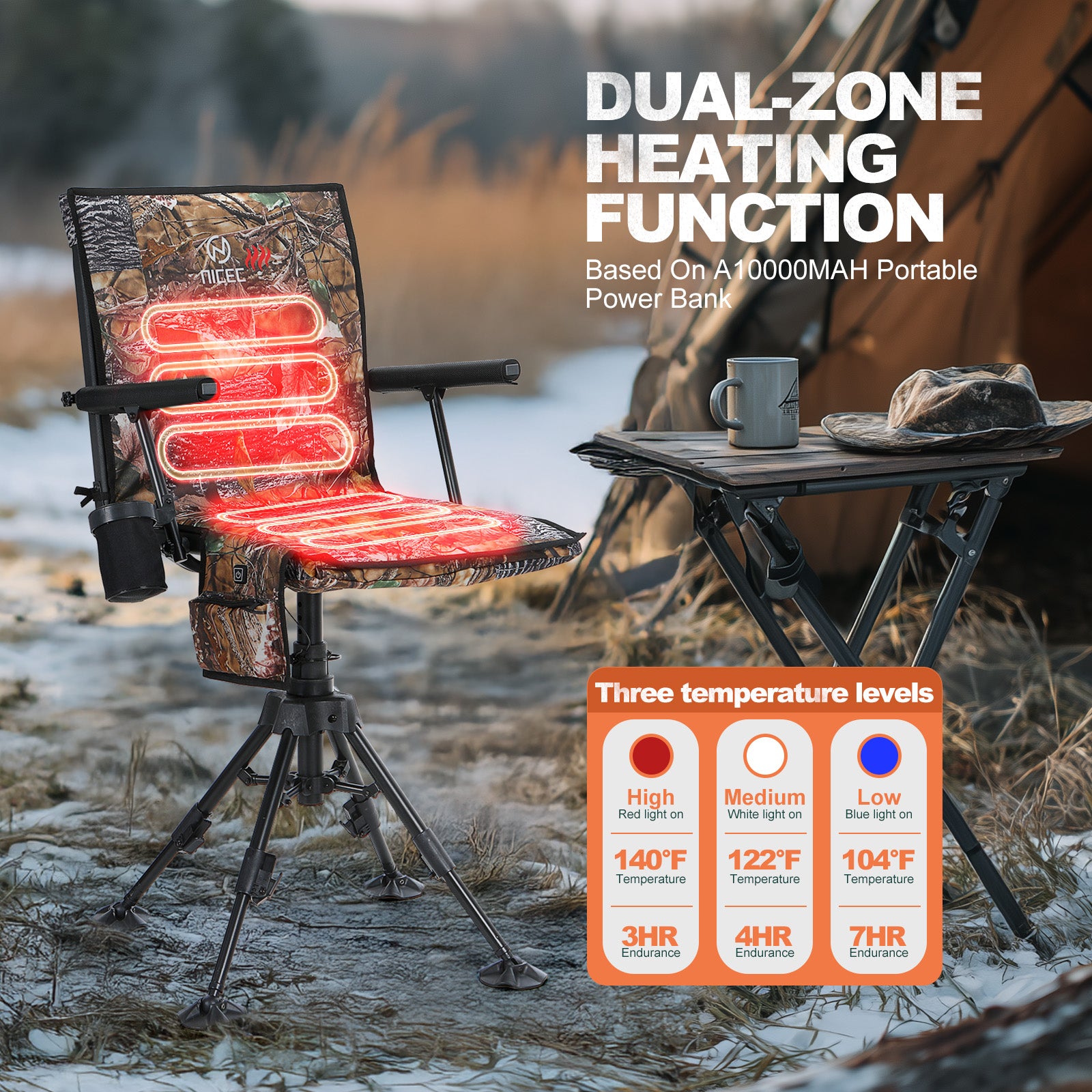 Nice C Heated Hunting Chair, Silent 360° Swivel Blind Chair, Adjustable Height, Portable Outdoor Hunting Seat