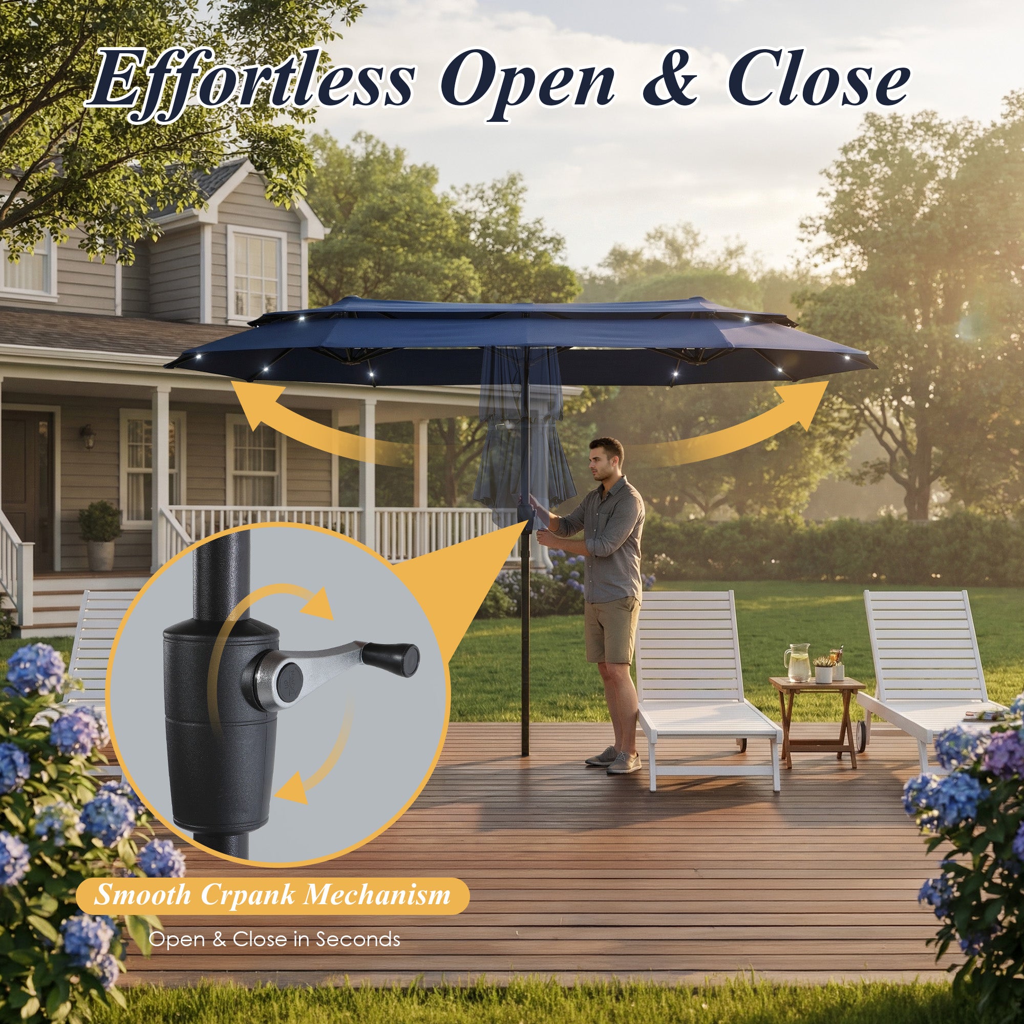 Nice C 13/15FT Lighted Double Layer Patio Umbrella with Crank (Blue) | Rectangular Market Umbrella, LED Lights, Large Outdoor Shade, Poolside, Deck, Backyard, Patio, Garden, 13FT, 15FT