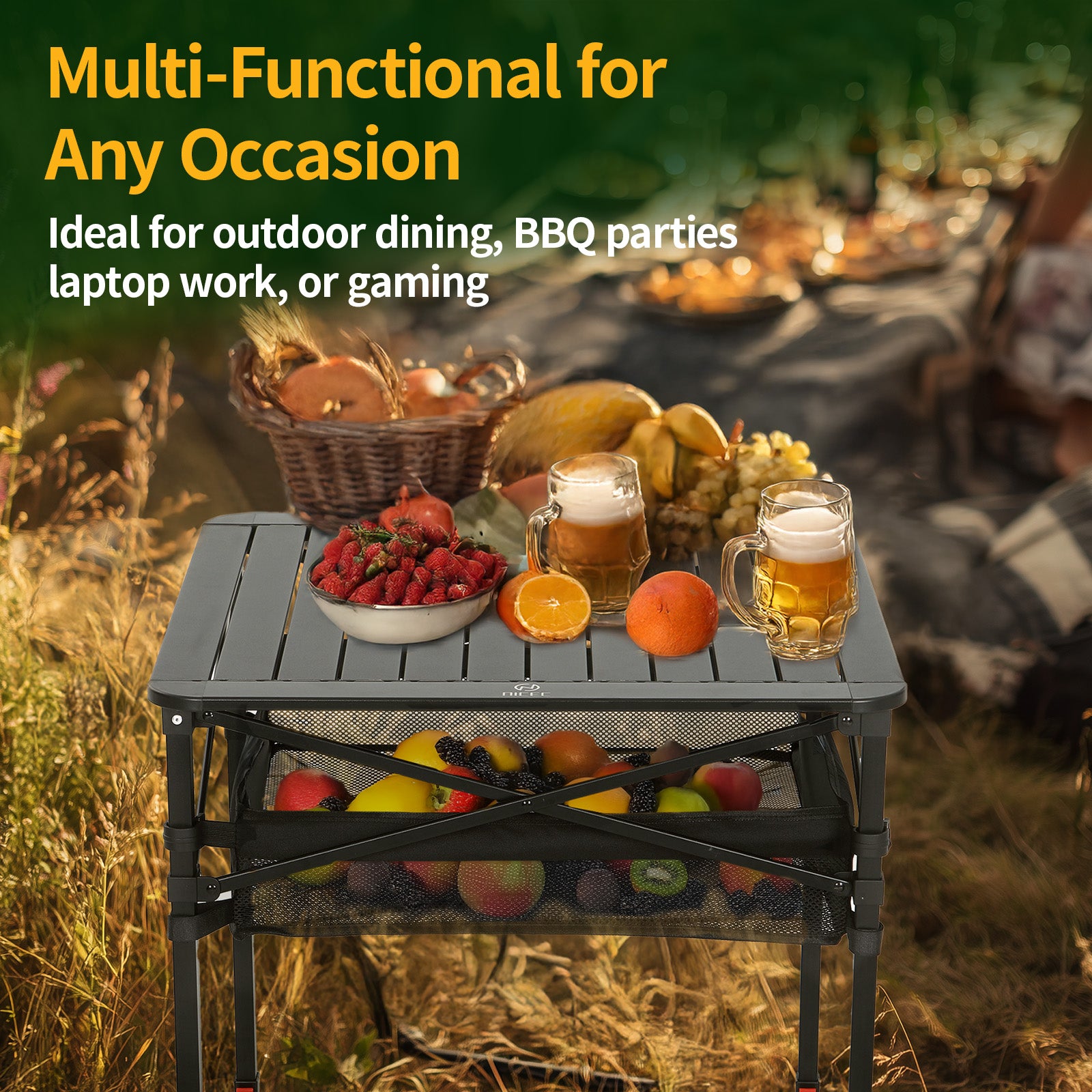 Nice C Adjustable Square Table, Folding Camping Table, Roll-up Tabletop, Lightweight, with Carry Bag, for Outdoor, Camping, Picnic, backyards, BBQ (Large)