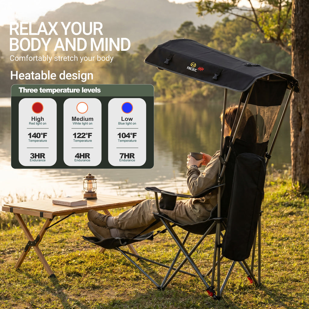 Nice C Heated 4-Position Reclining Canopy Umbrella Camping Chair (1 Pack/2 Pack) | Folding Chair, With Adjustable Shade, Backrest, Footrest, Cooler Bag, Cup Holder, for Camping, Beach, Sports