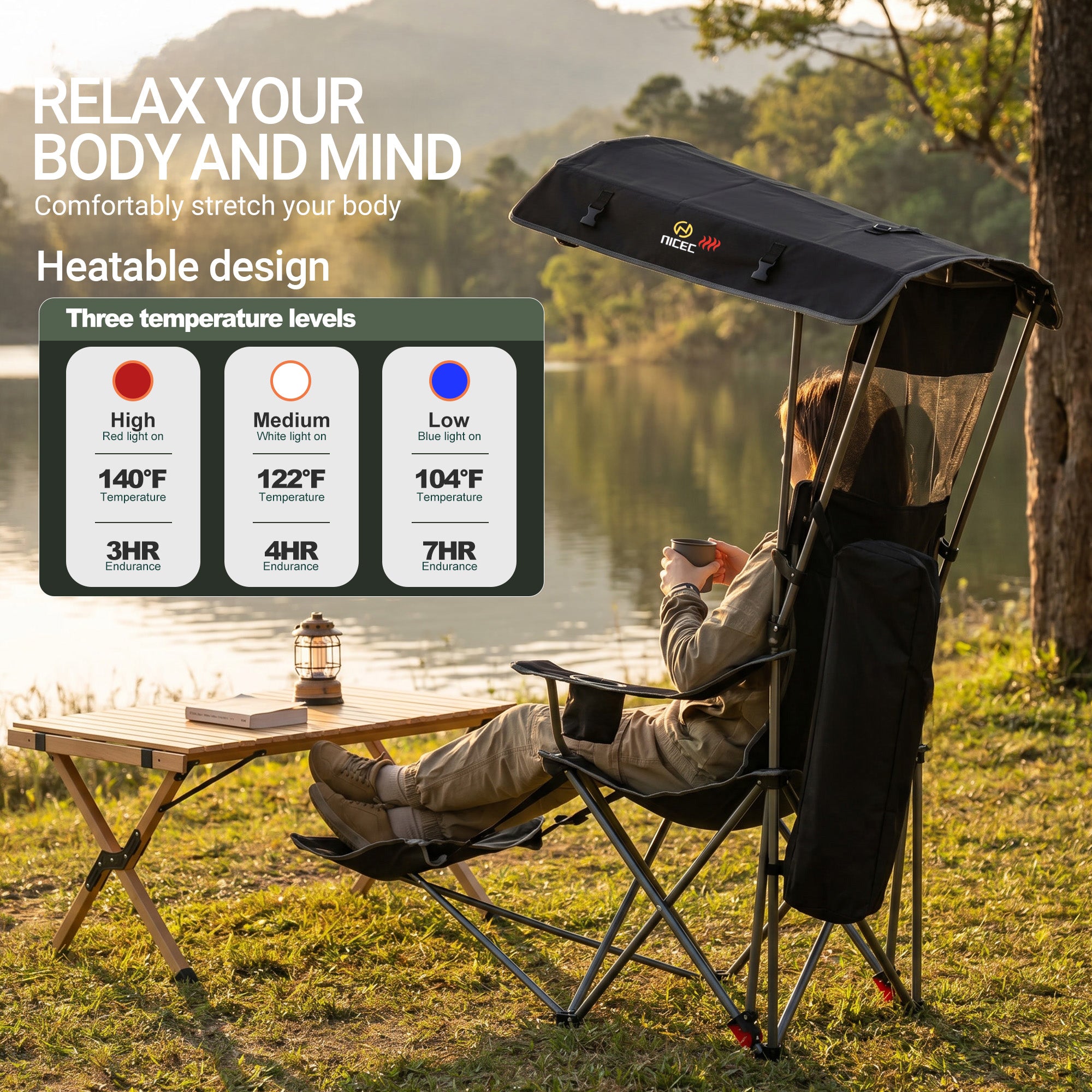 Nice C Heated 4-Position Reclining Canopy Umbrella Camping Chair (1 Pack/2 Pack) | Folding Chair, With Adjustable Shade, Backrest, Footrest, Cooler Bag, Cup Holder, for Camping, Beach, Sports