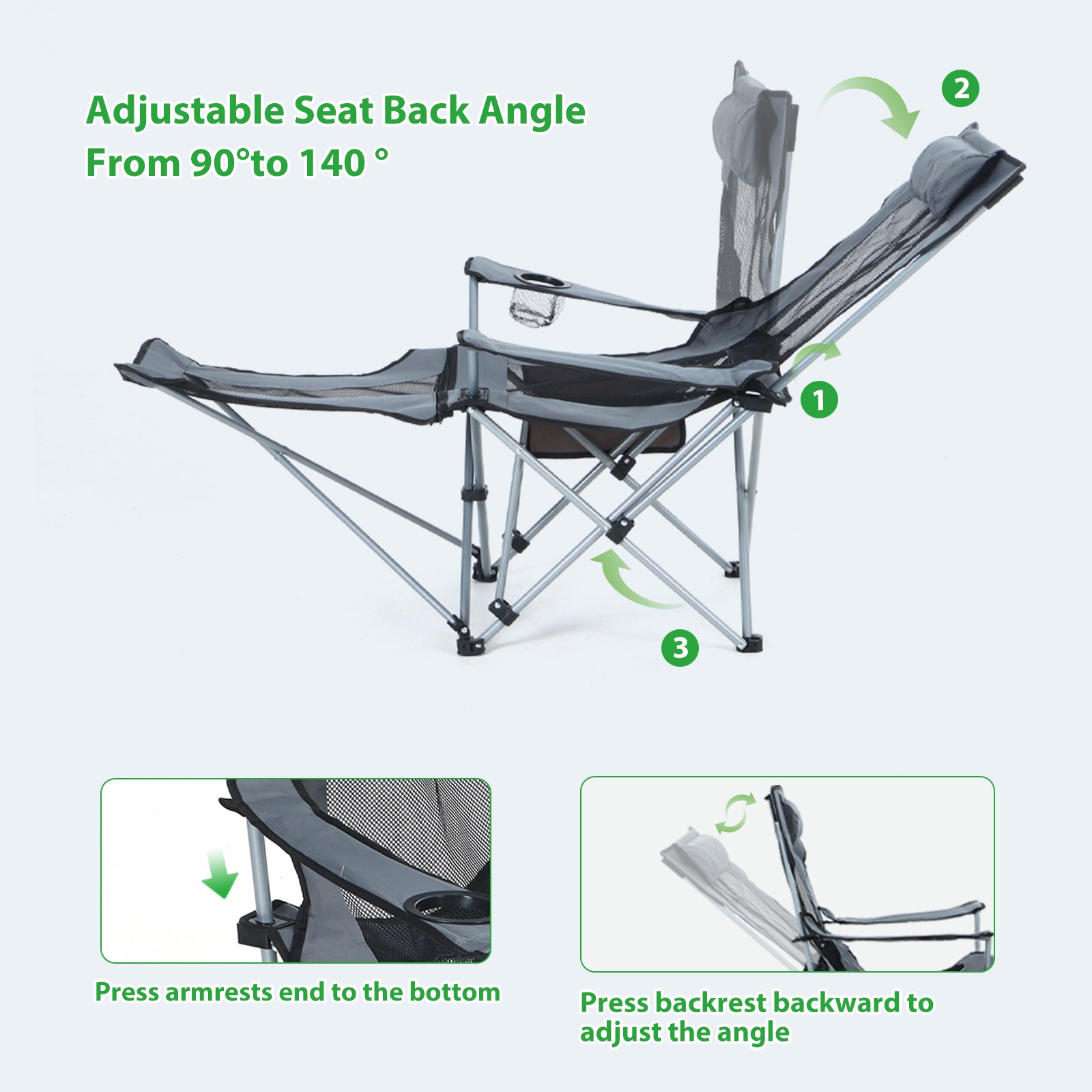 Nice C Adjustable Camping Recliner Chair with Footrest, Headrest &amp; Cup Holder 