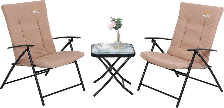 Nice C 3-Piece Patio Bistro Set, Outdoor Folding Chairs and Glass Table, Khaki Garden Furniture