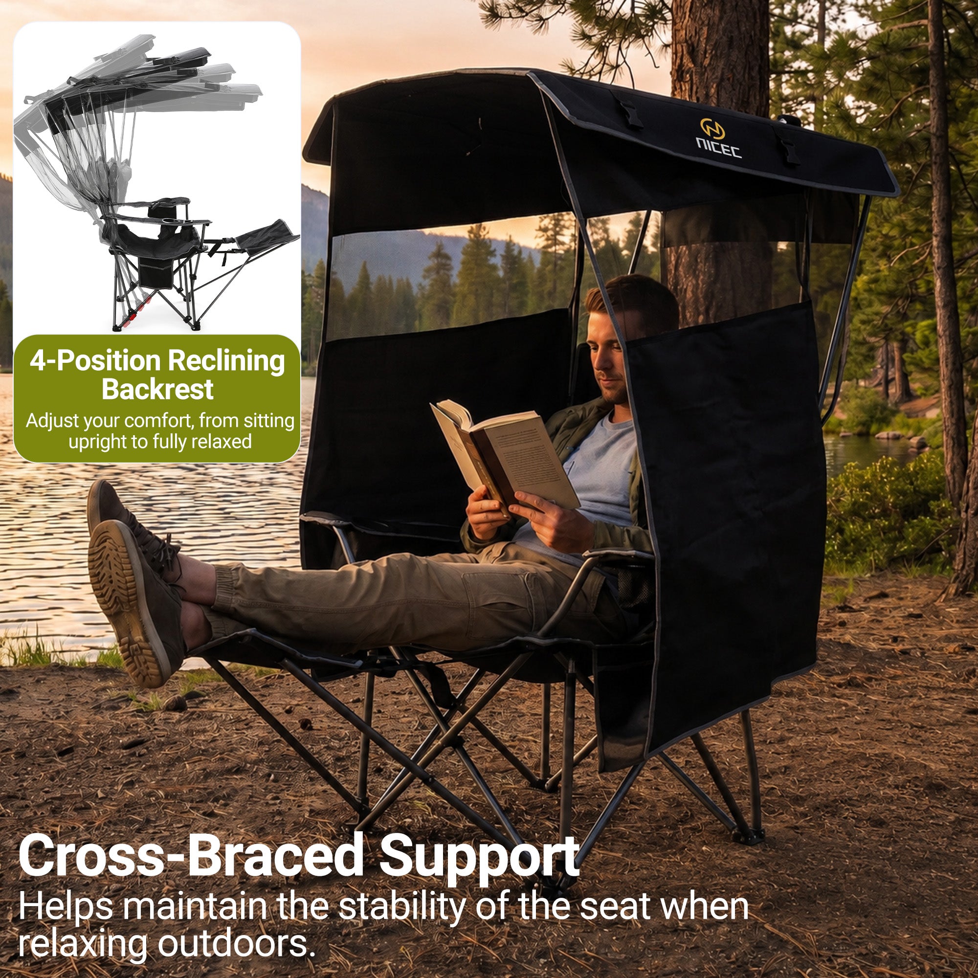 Nice C 4-Position Reclining Canopy Camping Chair with Footrest (1 Pack/2 Pack) | Portable Folding Outdoor Umbrella Chair with Shade, Reclining Chair with Cooler Bag, Cup Holder for Camping, Beach, Sports