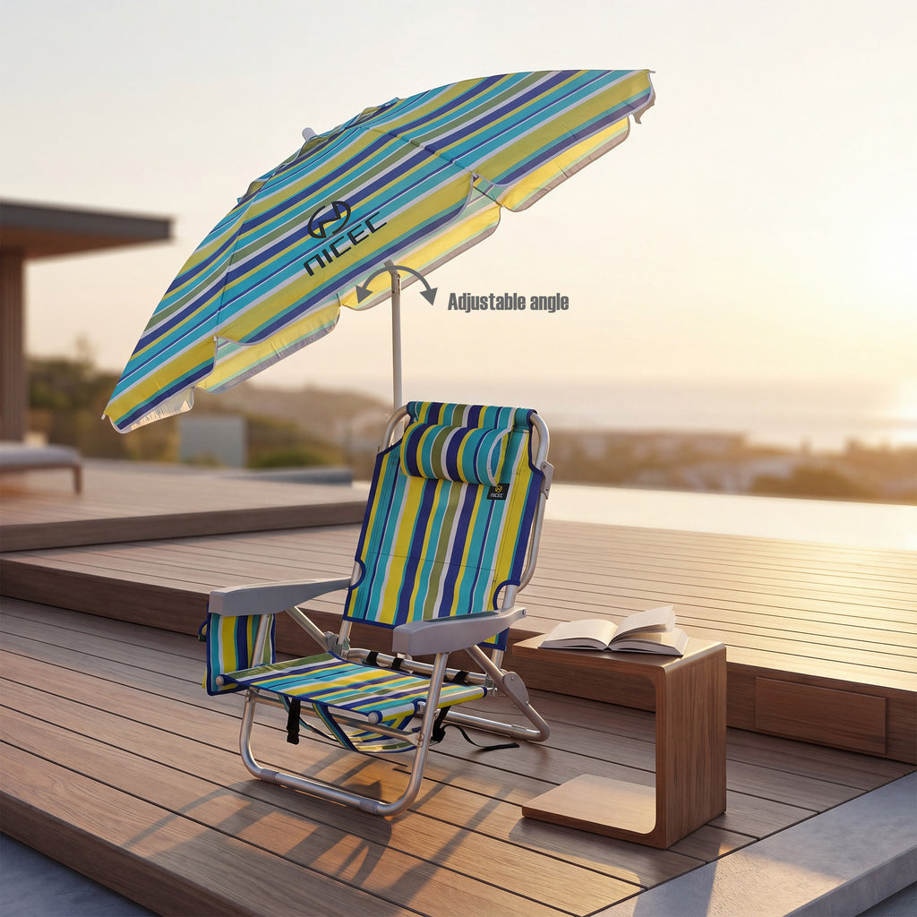 Nice C Backpack Beach Chair with Umbrella, Stripe Sand Lake Chair (1 Pack/2 Pack) | Low Beach Chair, Backpack Beach Chair, Sillas De Playa, High Back, Cooler, Cup Holder, Heavy Duty, Adults