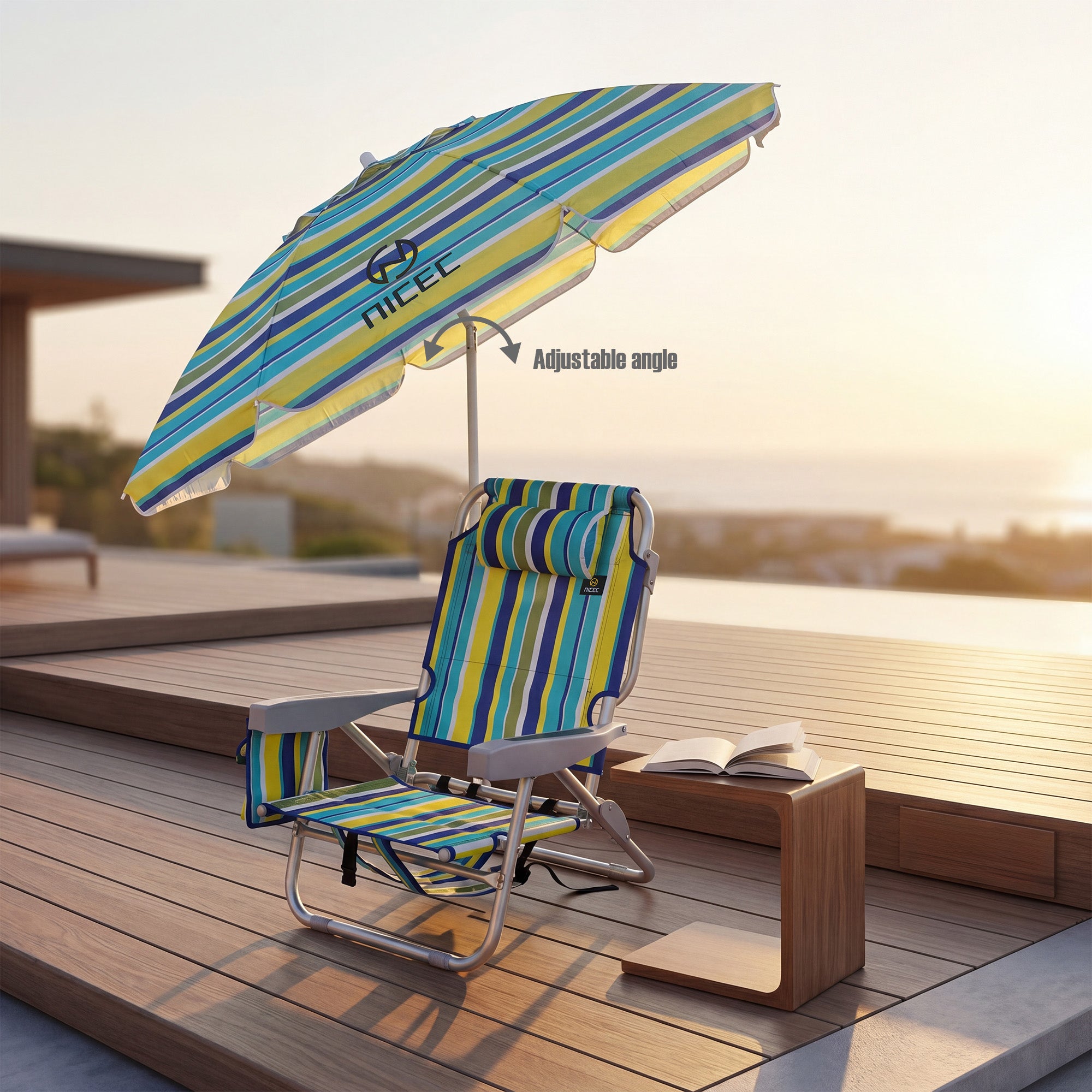 Nice C Backpack Beach Chair with Umbrella, Stripe Sand Lake Chair (1 Pack/2 Pack) | Low Beach Chair, Backpack Beach Chair, Sillas De Playa, High Back, Cooler, Cup Holder, Heavy Duty, Adults