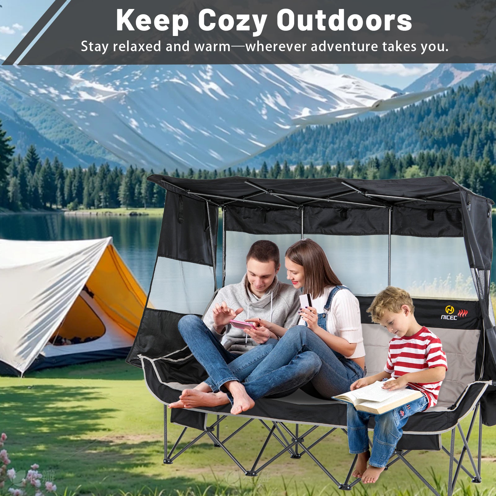 Nice C Heated 3 Person Camping Chair with Canopy, Oversized Padded Loveseat with Cooler &amp; Cup Holder