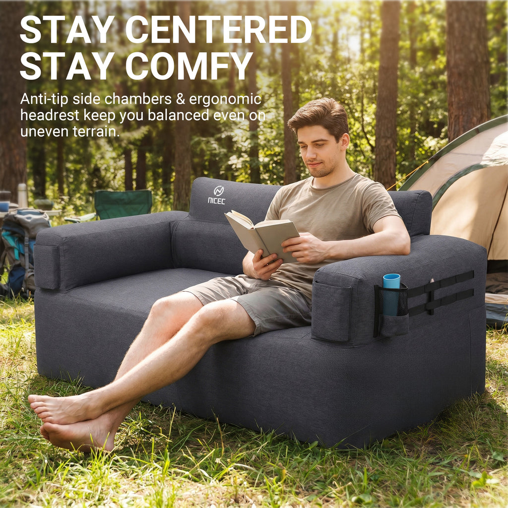 Nice C Inflatable Blow Up Camping Couch with Built-in Pump (1/2 Person) | Portable Inflatable Sofa, Built-in Electric Pump, Cup Holder, Storage Pocket, MOLLE Straps, Camping, Outdoor Lounger, Adults