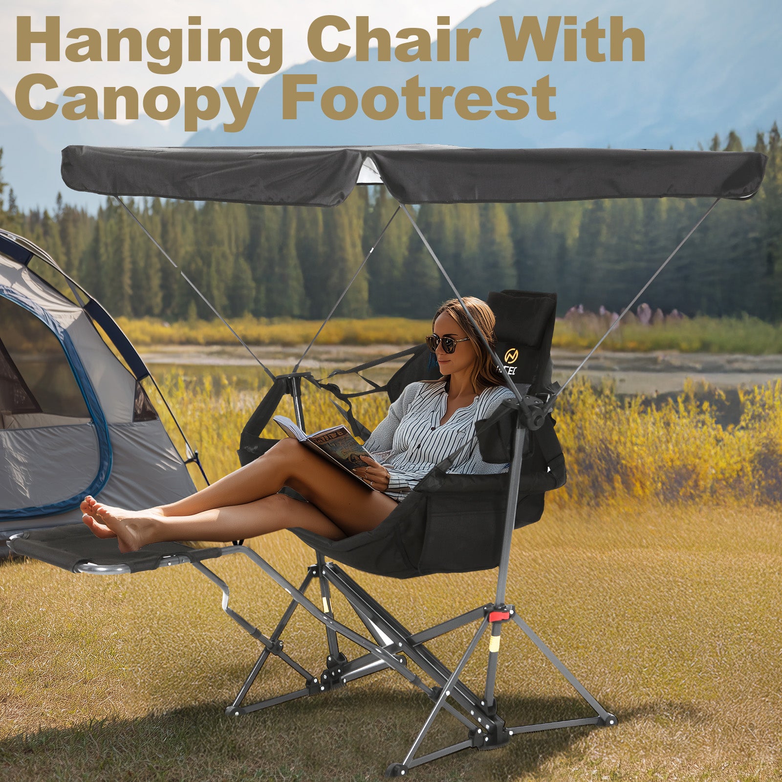 Nice C Hammock Chair with Adjustable Canopy & Detachable Footrest | Portable Swinging Chair, Folding Rocking Design, Cup Holder, Carry Bag, Camping, Beach, Backyard, Outdoor