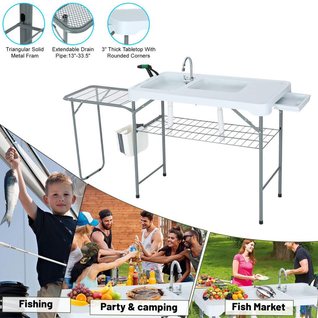 Nice C Outdoor Fish Cleaning Table with Sink, Spray, and Storage Rack 