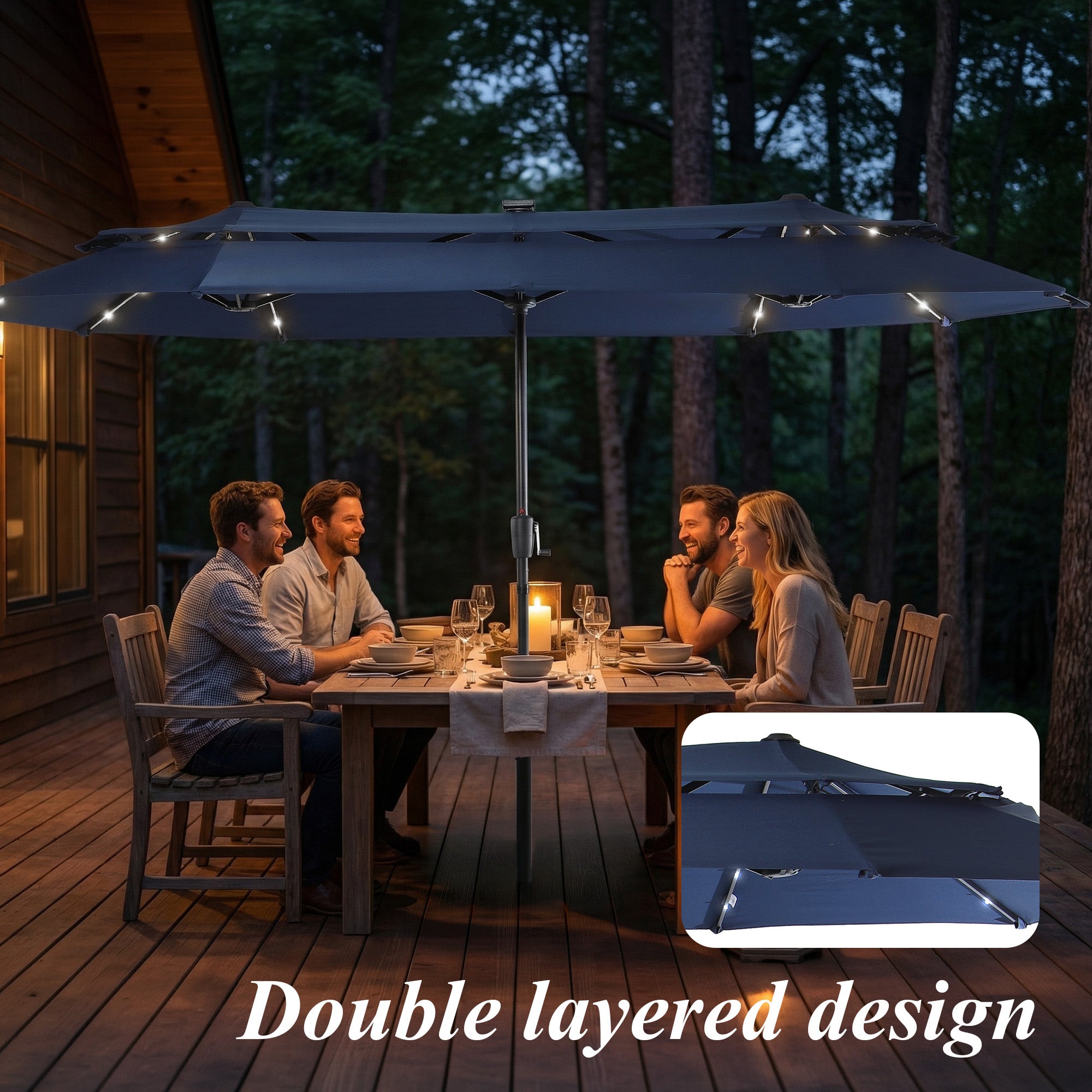 Nice C 13/15FT Lighted Double Layer Patio Umbrella with Crank (Blue) | Rectangular Market Umbrella, LED Lights, Large Outdoor Shade, Poolside, Deck, Backyard, Patio, Garden, 13FT, 15FT