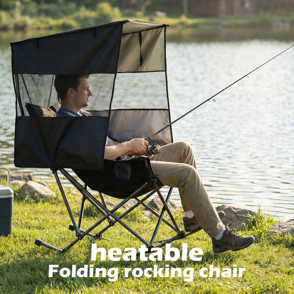 Nice C Heated XL Rocking Camping Chair with Canopy (1 Pack/2 Pck Heating, Black) | Outdoor Chair, Folding Rocker, Umbrella Chair, With Shade, Cup Holder, Cooler Bag, Sports, Patio, Backyard