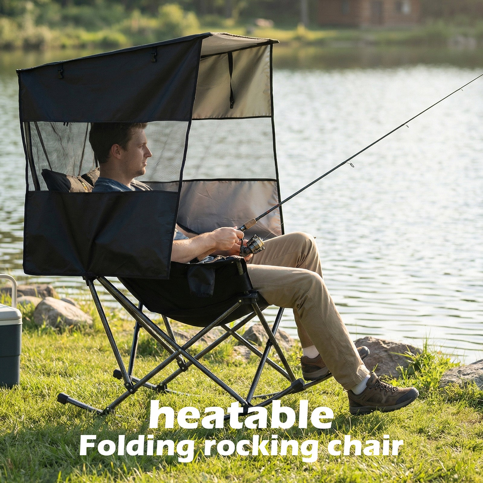 Nice C Heated XL Rocking Camping Chair with Canopy (1 Pack/2 Pck Heating, Black) | Outdoor Chair, Folding Rocker, Umbrella Chair, With Shade, Cup Holder, Cooler Bag, Sports, Patio, Backyard