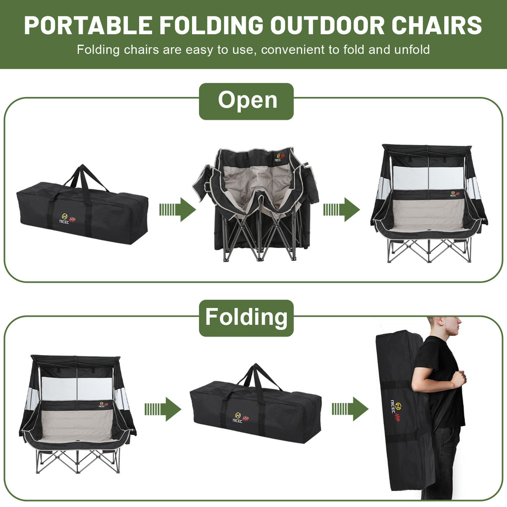 Nice C Double Heated Camping Loveseat – Folding Chair with Canopy, Battery, Cup Holder &amp; Cooler 