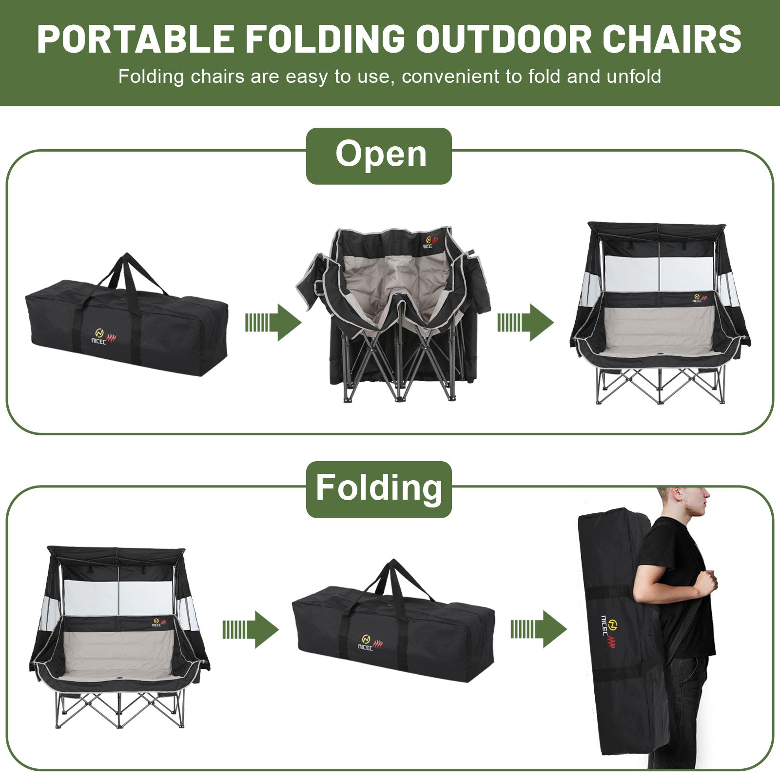 Nice C Double Heated Camping Loveseat – Folding Chair with Canopy, Battery, Cup Holder &amp; Cooler 