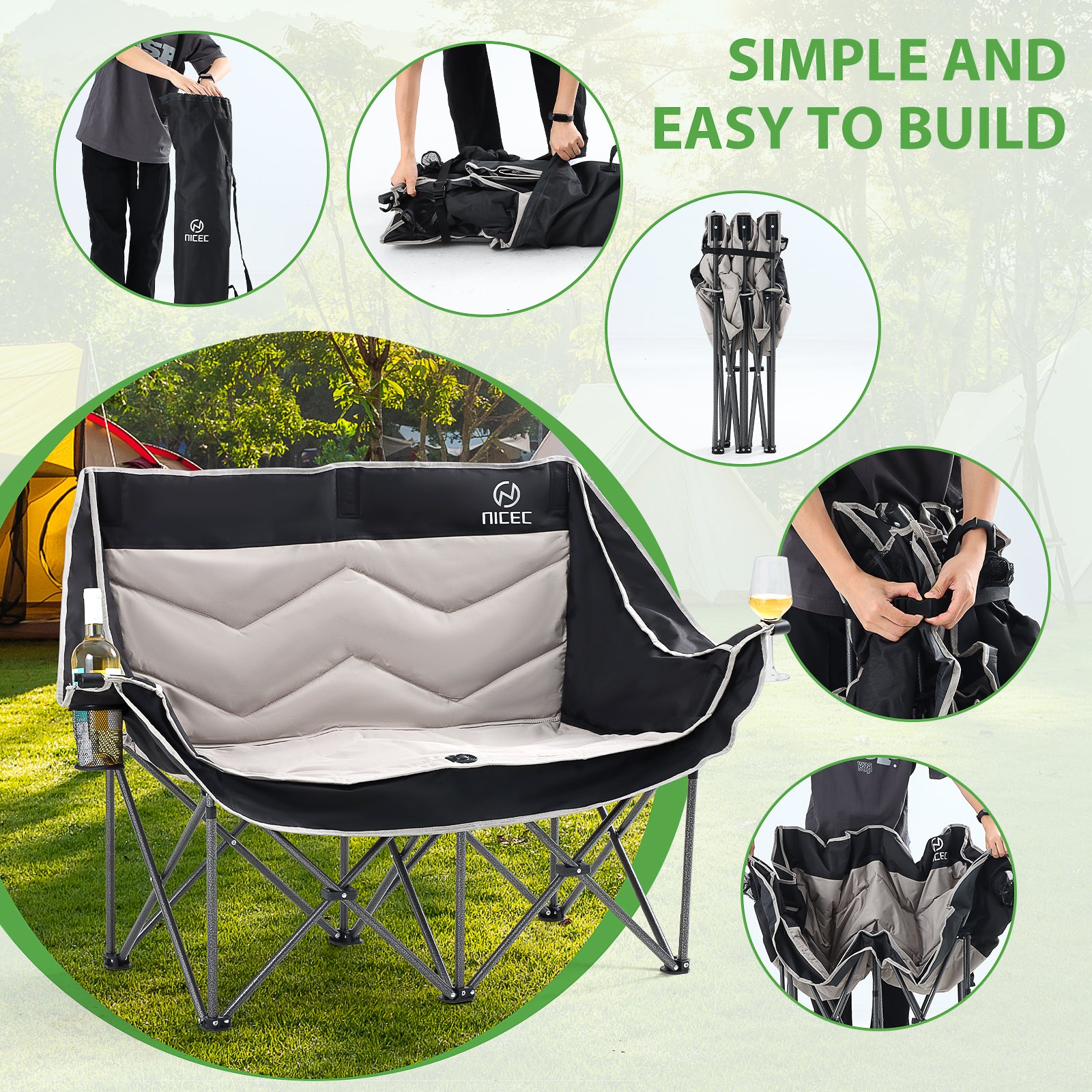 Black &amp; Gray Nice C Oversized Padded Camping Loveseat, Folding Chair with Cooler &amp; Cup Holder 