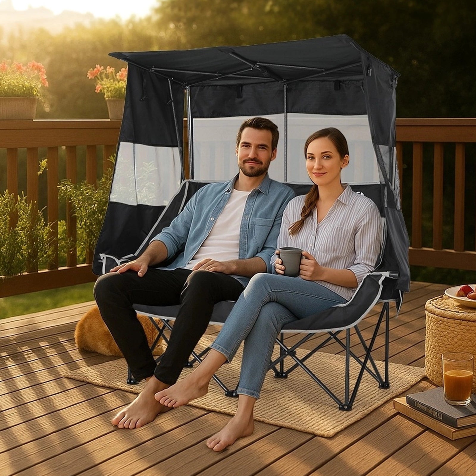 Nice C Double Loveseat Camping Chair with Sun Shade – Portable Folding Outdoor Chair with Cooler, Cup Holders &amp; Storage Pockets for Picnic, Lawn, Sports, Beach 