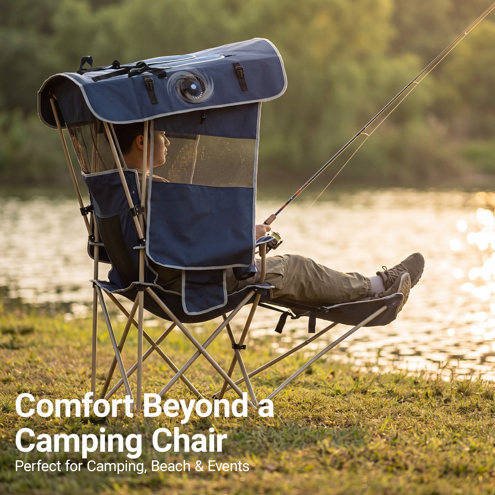Nice C Canopy Camping Chair with Fan, Folding Umbrella Chair (1 Pack/2 Pack, Blue) | Oversized Chair, USB Powered Cooling Chair, Canopy, Footrest, Side Shade, Outdoor, Camping, Sports, Beach