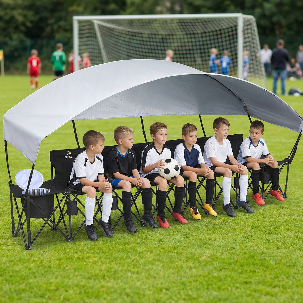 Nice C 6 Seat Folding Team Bench with Canopy & Cooler (Black) | Sun Shade, Portable Soccer Bench, Canopy Chair, Cup Holders, Cooler Bag, Soccer, Football, Basketball, Camping, Events