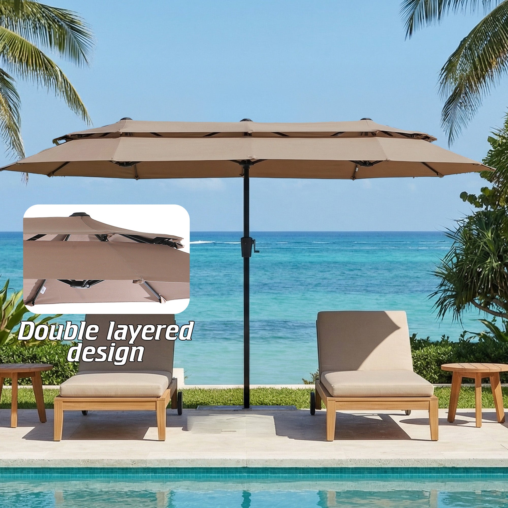 Nice C 13/15FT Large Double Sided Patio Umbrella with Crank (Khaki) | Large Market Umbrella, Wide Outdoor Shade, w/wo Base, Crank Lift, Poolside, Deck, Backyard, Patio, Garden, 13FT, 15FT