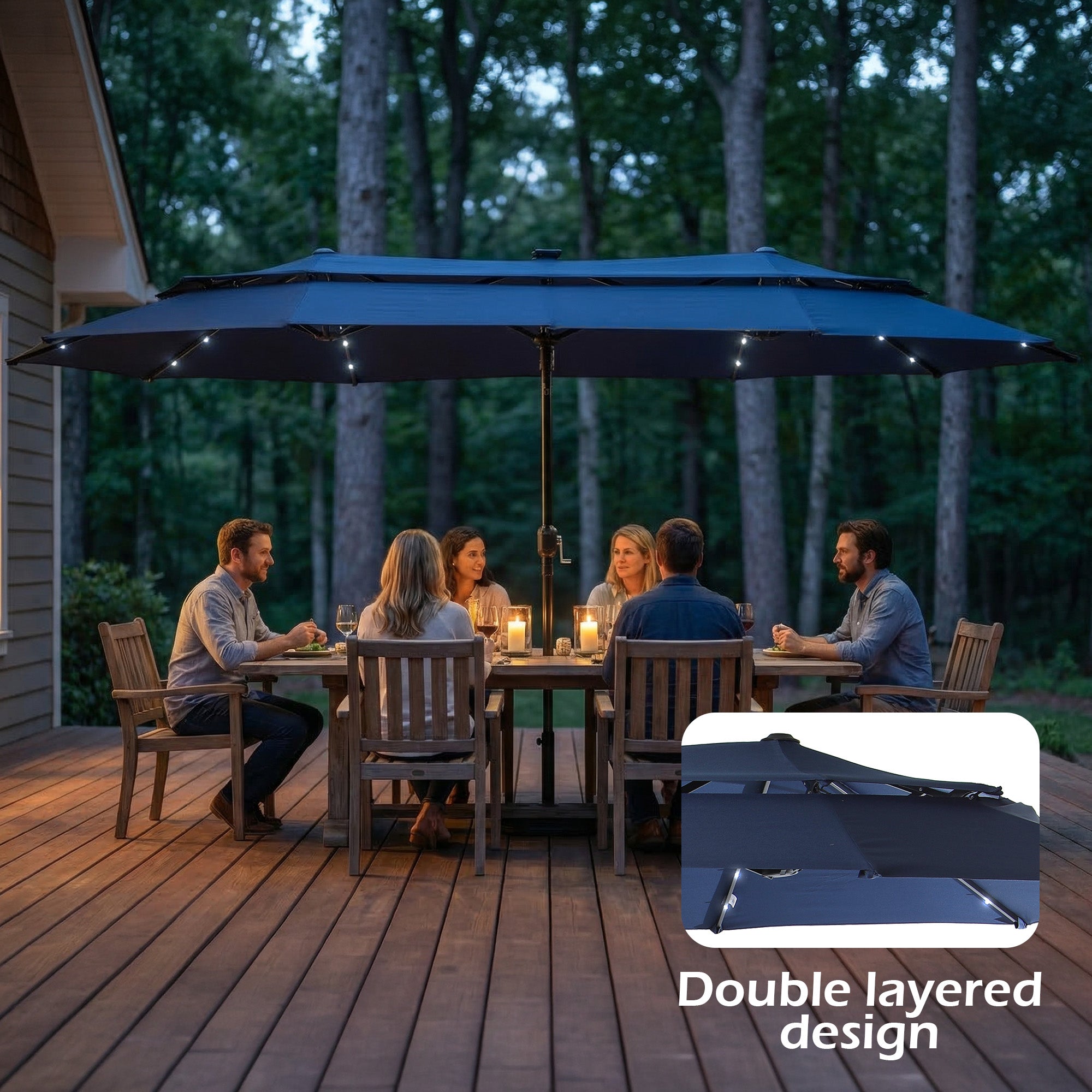 Nice C 13/15FT Lighted Double Layer Patio Umbrella with Crank (Blue) | Rectangular Market Umbrella, LED Lights, Large Outdoor Shade, Poolside, Deck, Backyard, Patio, Garden, 13FT, 15FT