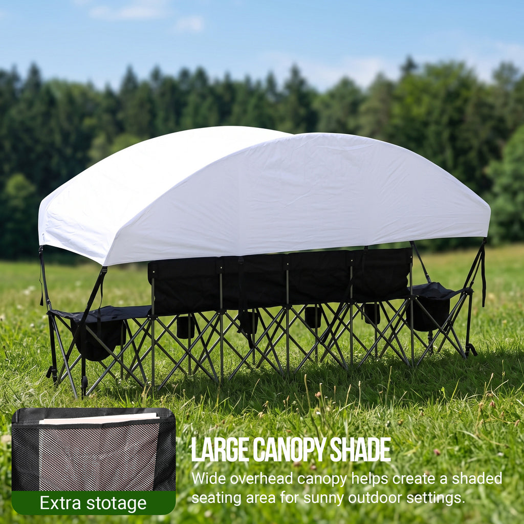 Nice C 4/6/8 Seat Folding Team Bench with Canopy & Cooler (Black) | Sun Shade, Portable Soccer Bench, Canopy Chair, Cup Holders, Cooler Bag, Soccer, Football, Basketball, Camping, Events