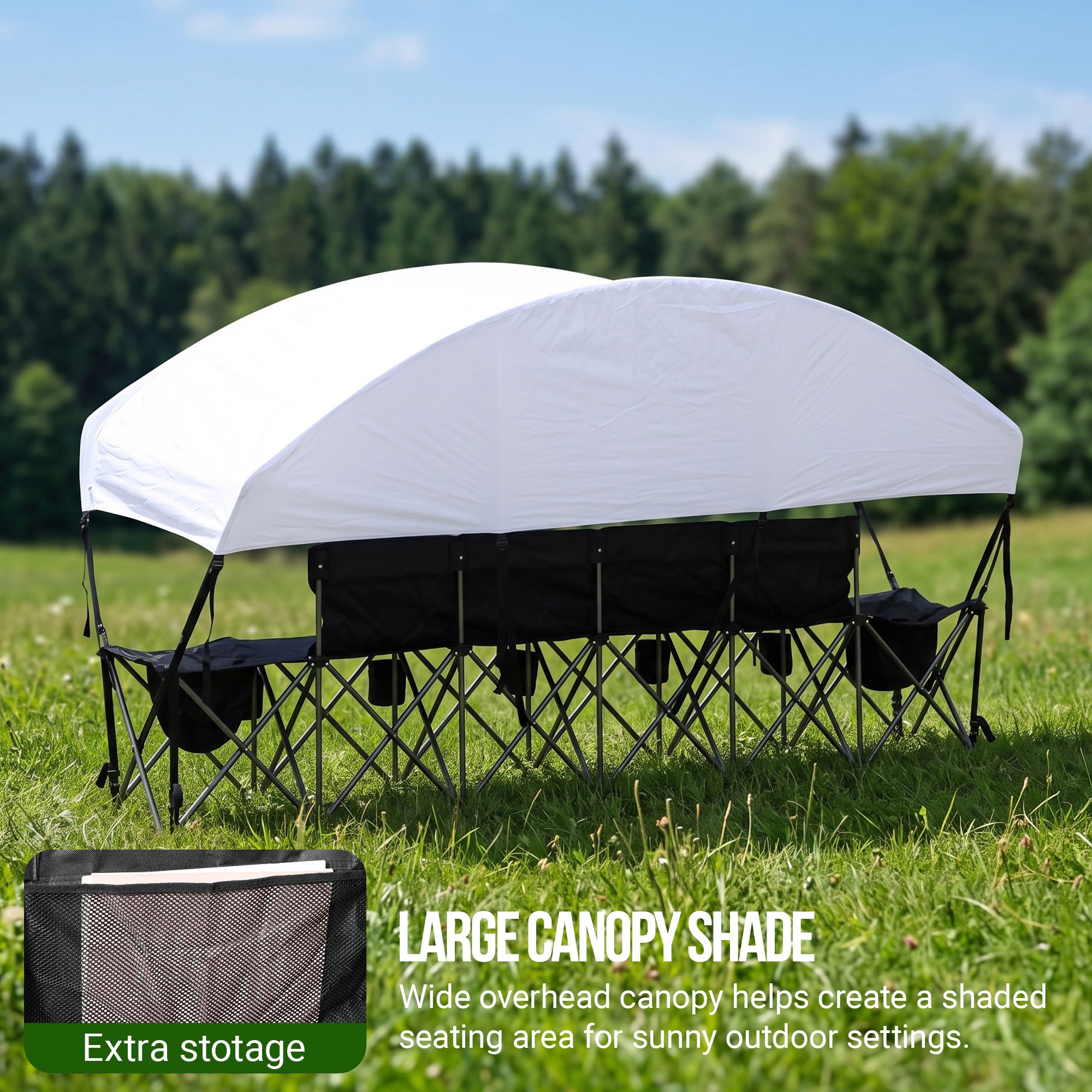 Nice C 4/6/8 Seat Folding Team Bench with Canopy & Cooler (Black) | Sun Shade, Portable Soccer Bench, Canopy Chair, Cup Holders, Cooler Bag, Soccer, Football, Basketball, Camping, Events
