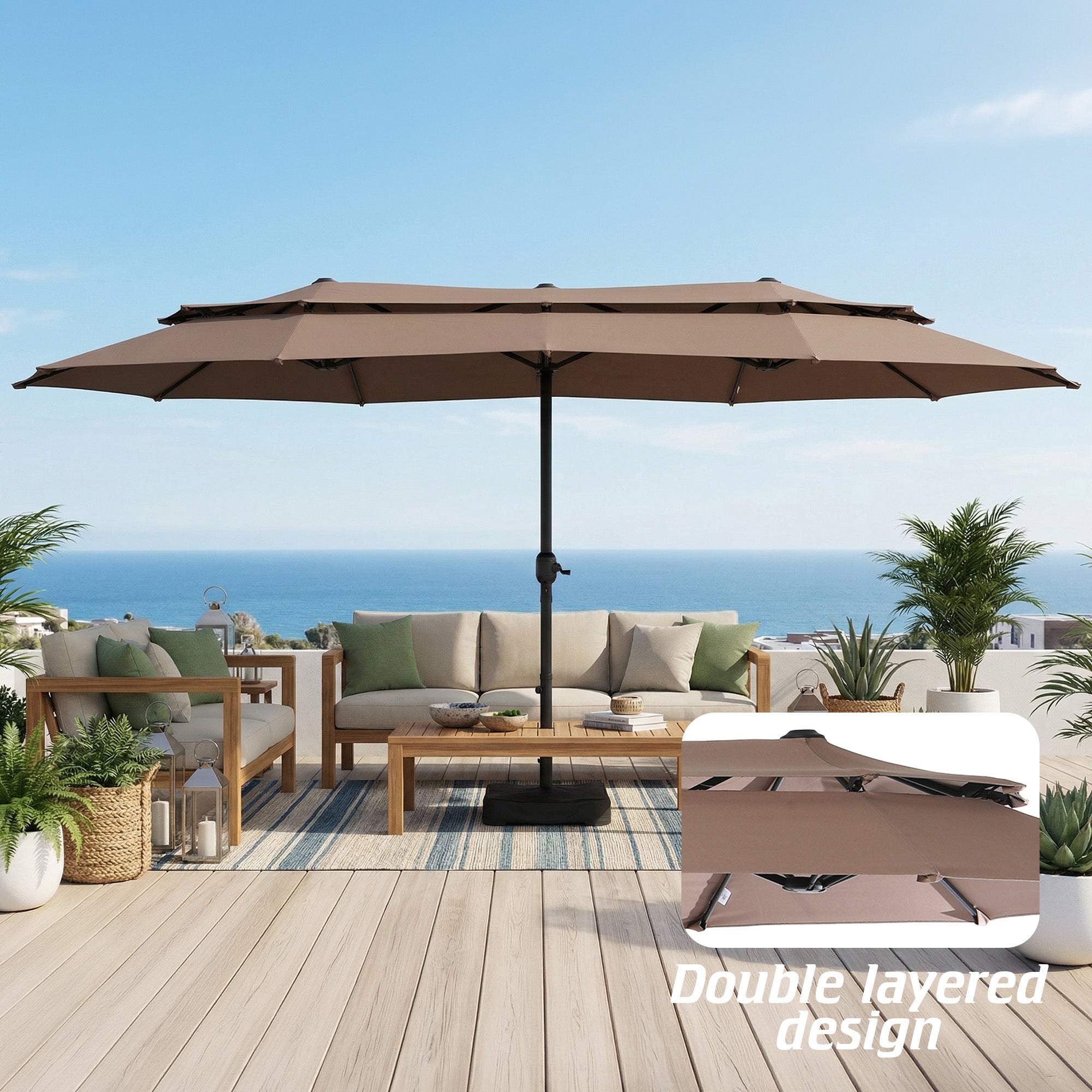 Nice C 13/15FT Large Double Sided Patio Umbrella with Crank (Khaki) | Large Market Umbrella, Wide Outdoor Shade, w/wo Base, Crank Lift, Poolside, Deck, Backyard, Patio, Garden, 13FT, 15FT