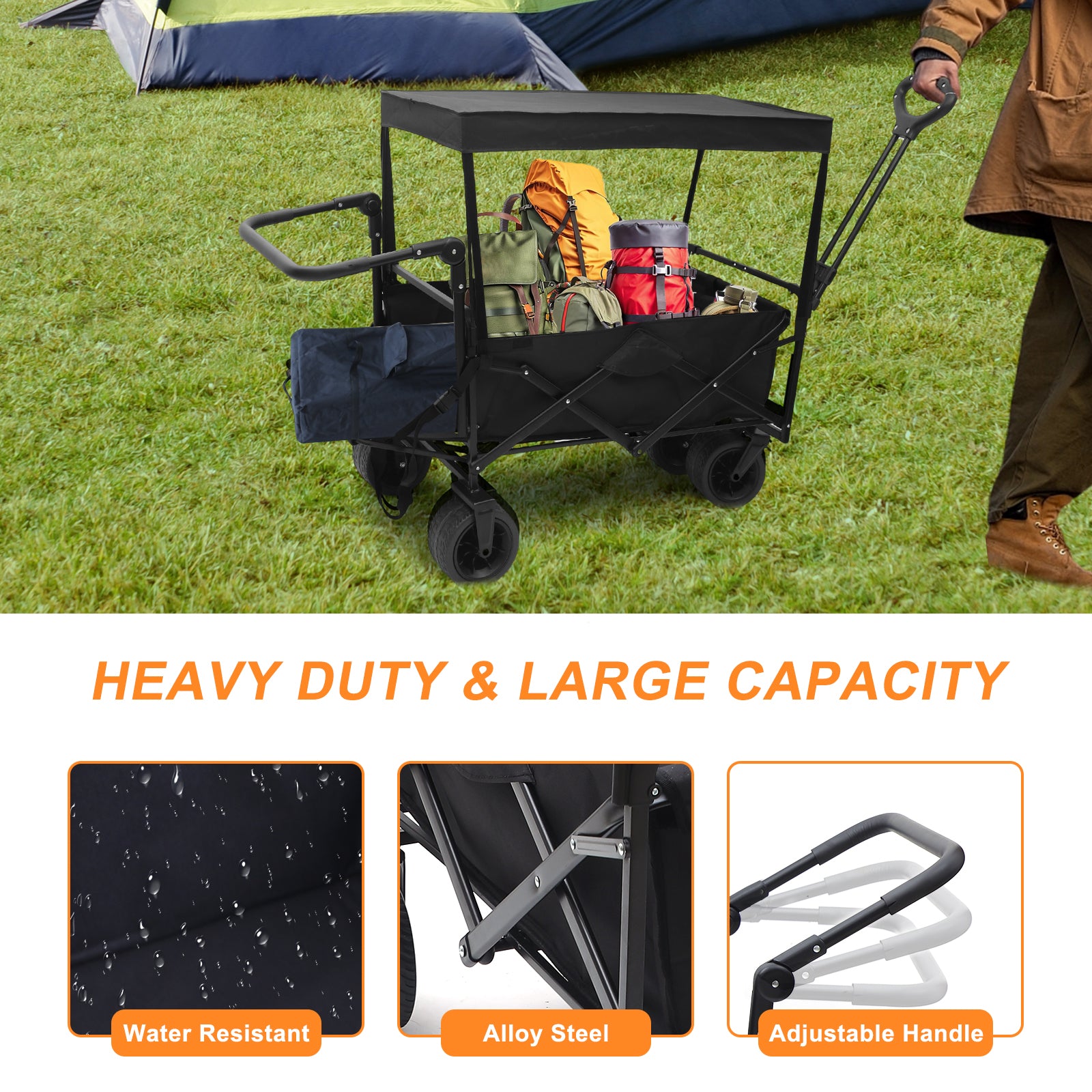 Nice C Stroller Wagon with Canopy, Folding Push Pull Cart for Beach, Camping, Outdoor