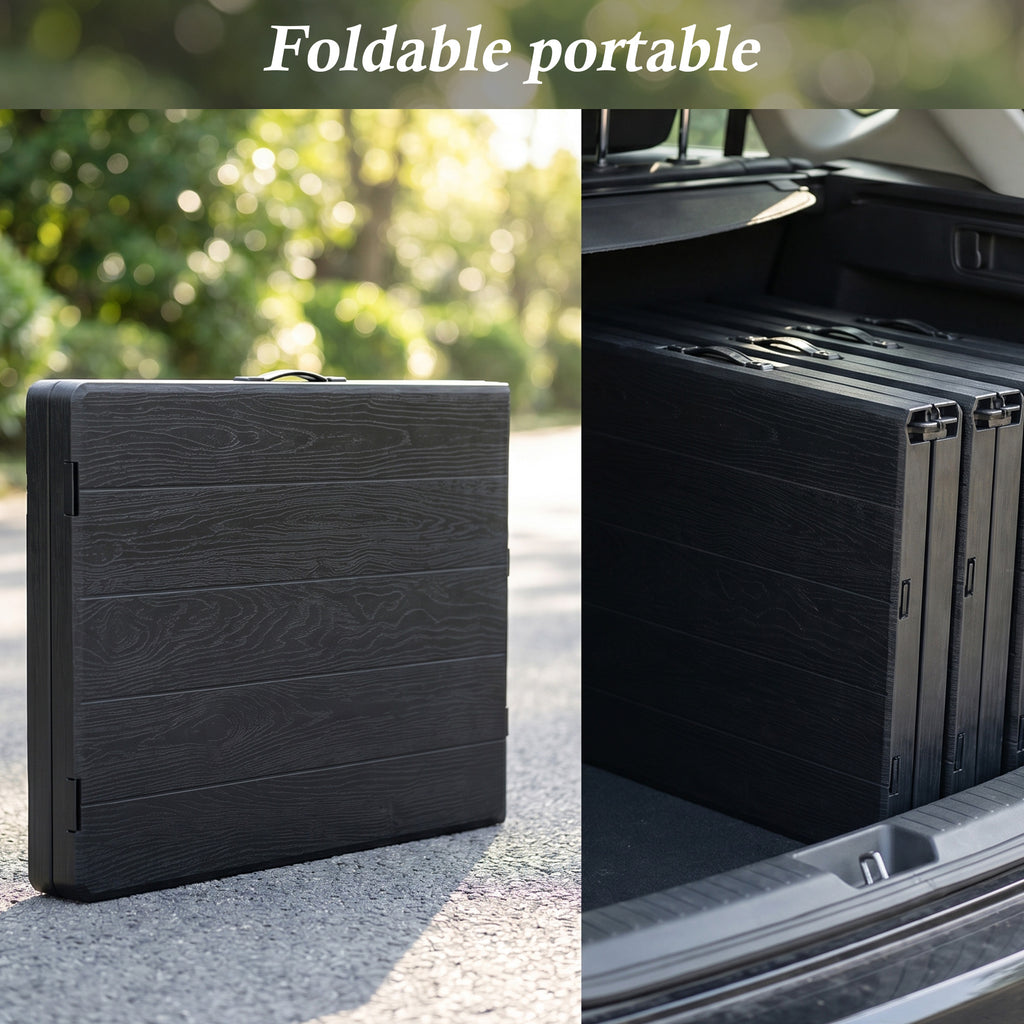 Nice C 6FT Folding Portable Picnic Table Set with 2 Benches (3 PC Black/White) | Plastic Table & Bench Set, Table With Chairs, Wood Grain Surface, Foldable, Indoor, Outdoor, Camping, Patio, Backyard, Picnic