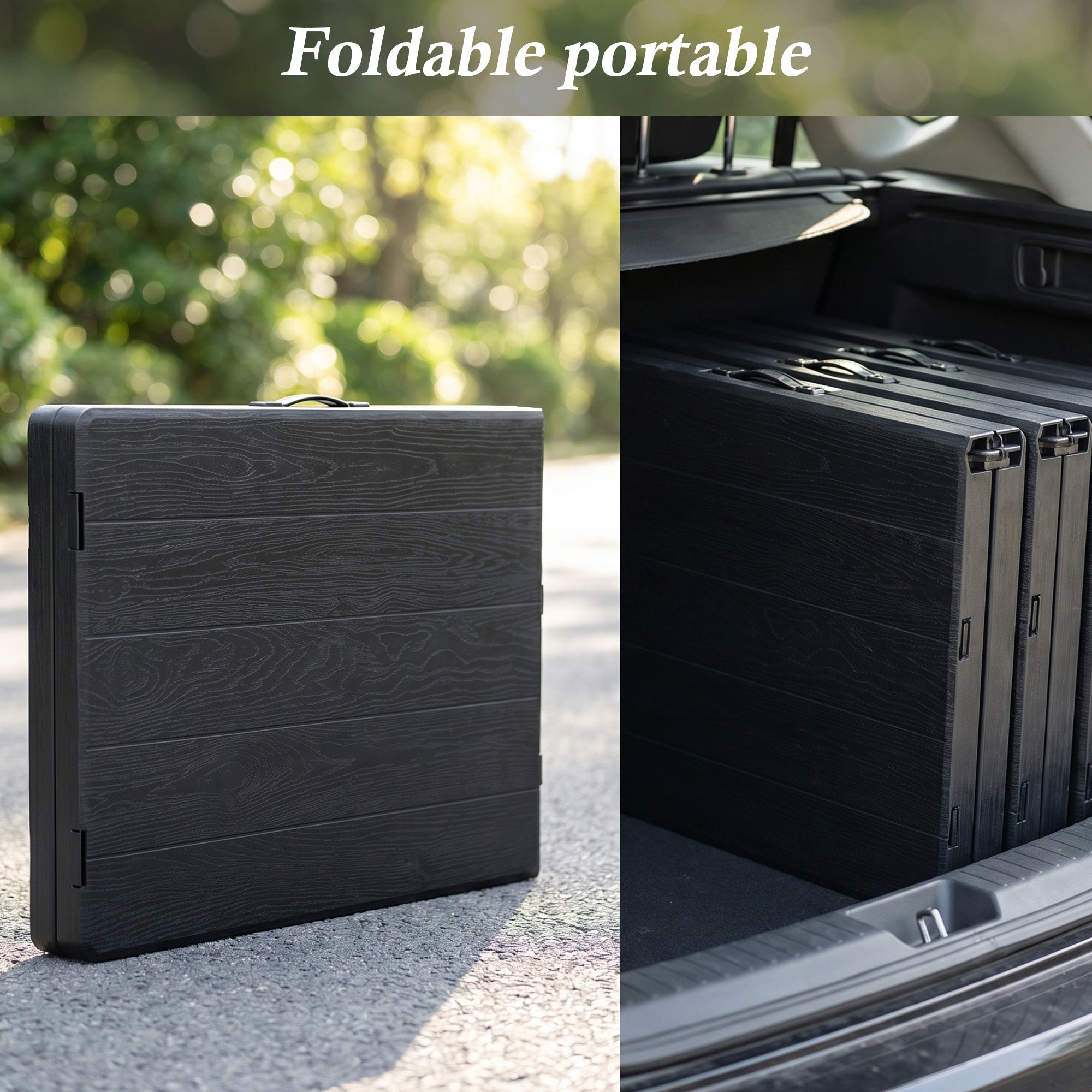 Nice C 6FT Folding Portable Picnic Table Set with 2 Benches (3 PC Black/White) | Plastic Table & Bench Set, Table With Chairs, Wood Grain Surface, Foldable, Indoor, Outdoor, Camping, Patio, Backyard, Picnic