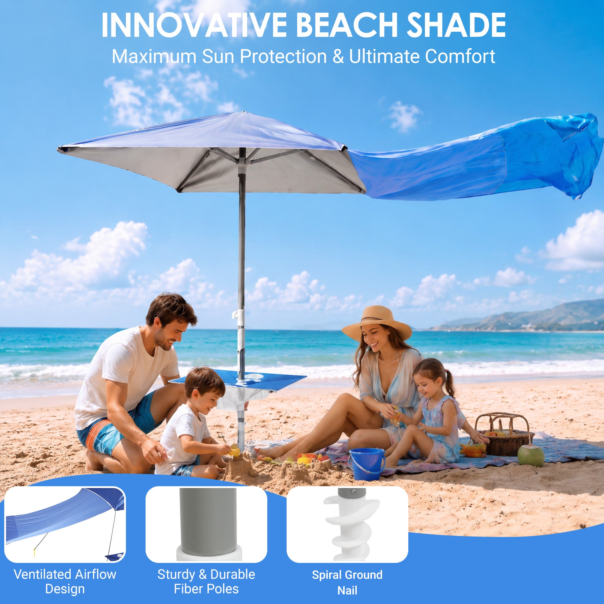 Nice C 120SF Wind Driven Umbrella, Wind Powered Beach Sun Shade Canopy Light Weight, Shade Sail, Easy Setup, Blue