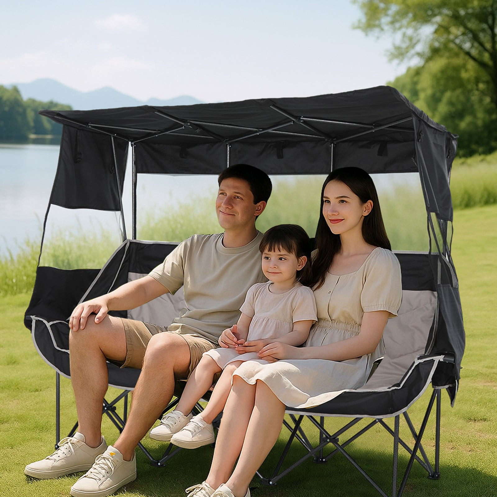 Nice C Triple Camping Loveseat with Shade, Folding 3-Seat Outdoor Chair with Cooler Bag &amp; Cup Holders, Padded for Comfort