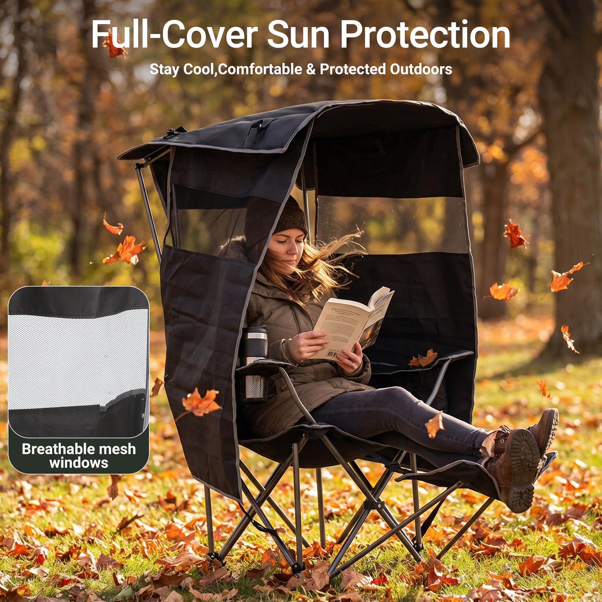 Nice C Heated 4-Position Reclining Canopy Umbrella Camping Chair (1 Pack/2 Pack) | Folding Chair, With Adjustable Shade, Backrest, Footrest, Cooler Bag, Cup Holder, for Camping, Beach, Sports