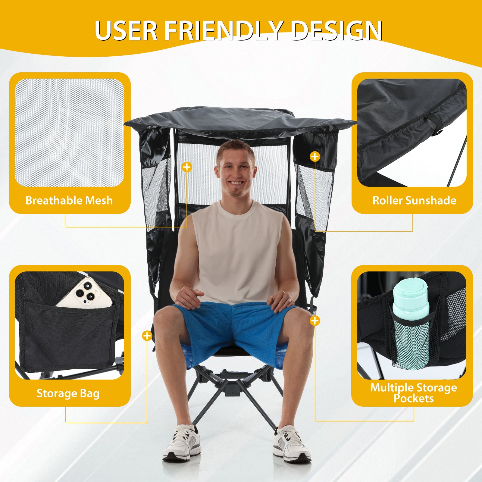 Nice C Camping Chair with Canopy, Ultralight Chair with Shade (1 Pack/2 Pack) | Compact Backpack Folding Chair, Portable Fishing Chair, Travel, Picnic, Festival, Hiking, Sports, Outdoor