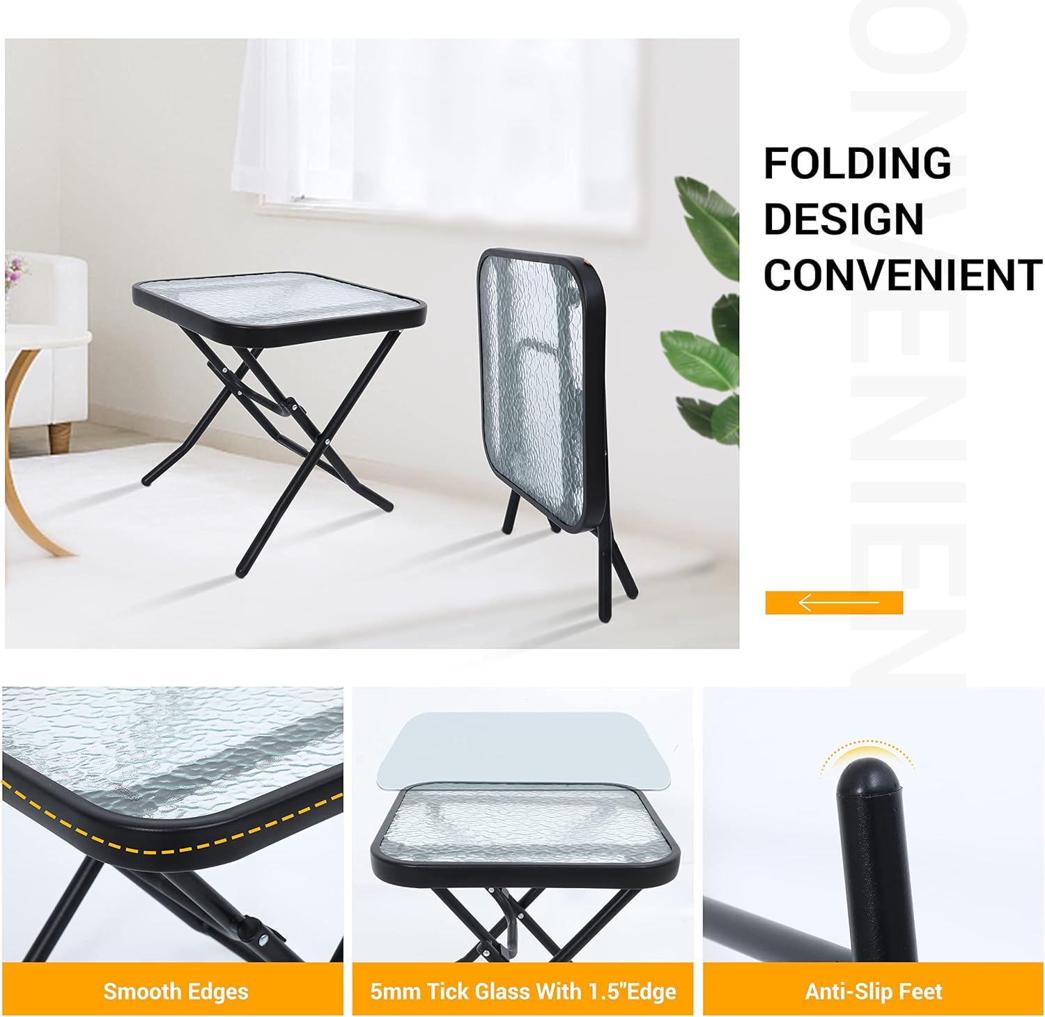 Nice C 3-Piece Patio Bistro Set, Outdoor Folding Chairs and Glass Table, Khaki Garden Furniture