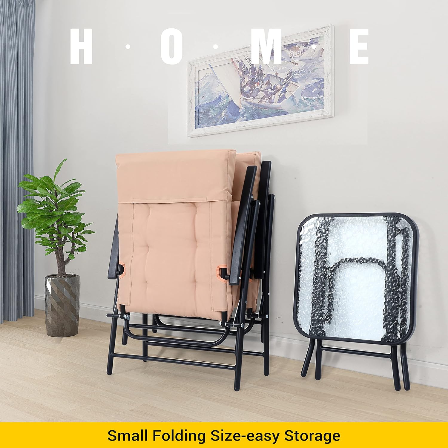 Nice C 3-Piece Patio Bistro Set, Outdoor Folding Chairs and Glass Table, Khaki Garden Furniture