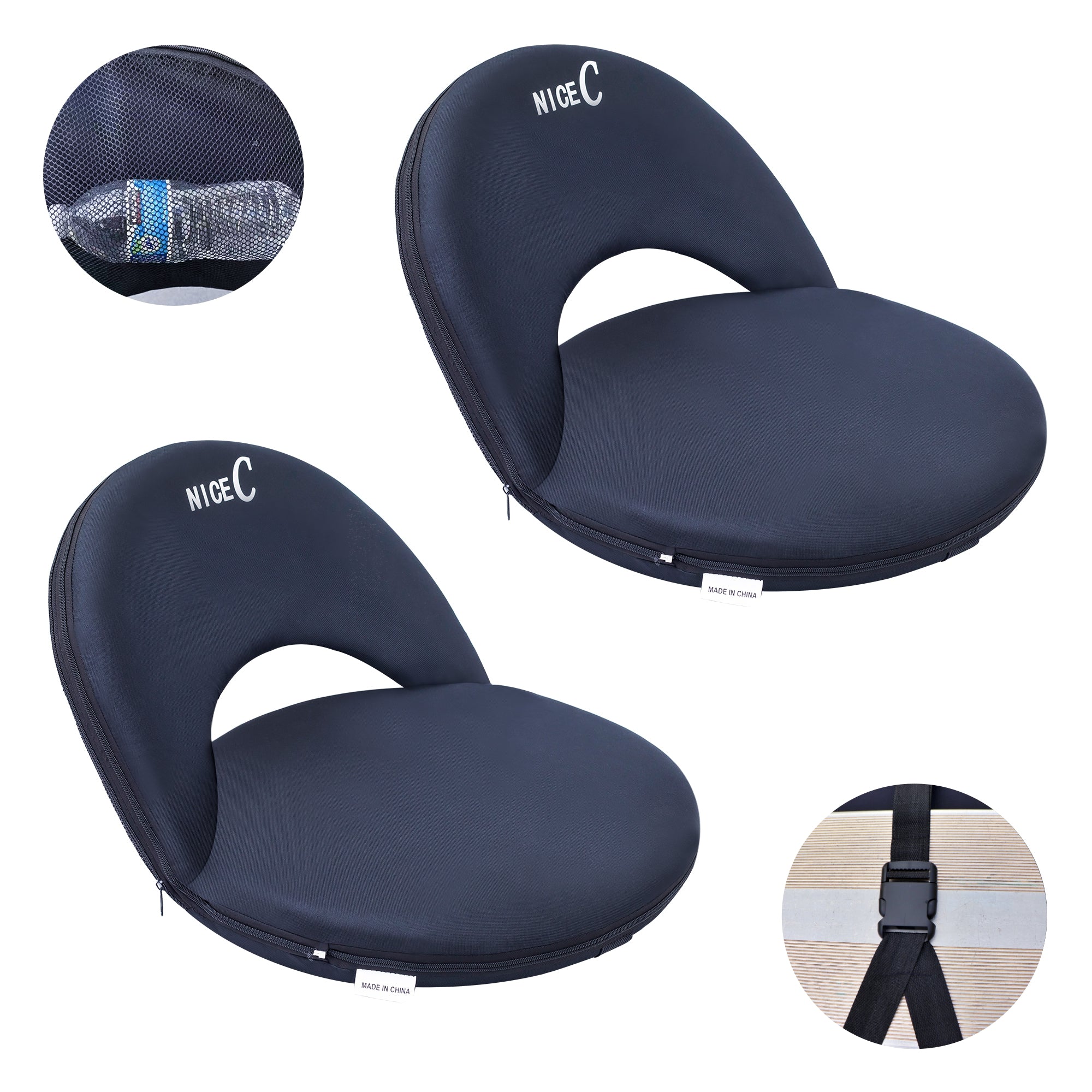 Nice C Reclining Stadium Seat, Floor Chair, Bleacher Seat (1 Pack/2 Pack, Black) | 10-Position Reclining Chair, Waterproof Cushion, Ultralight, Foldable, Extra Thick Padding, Shoulder Strap, Net Pocket