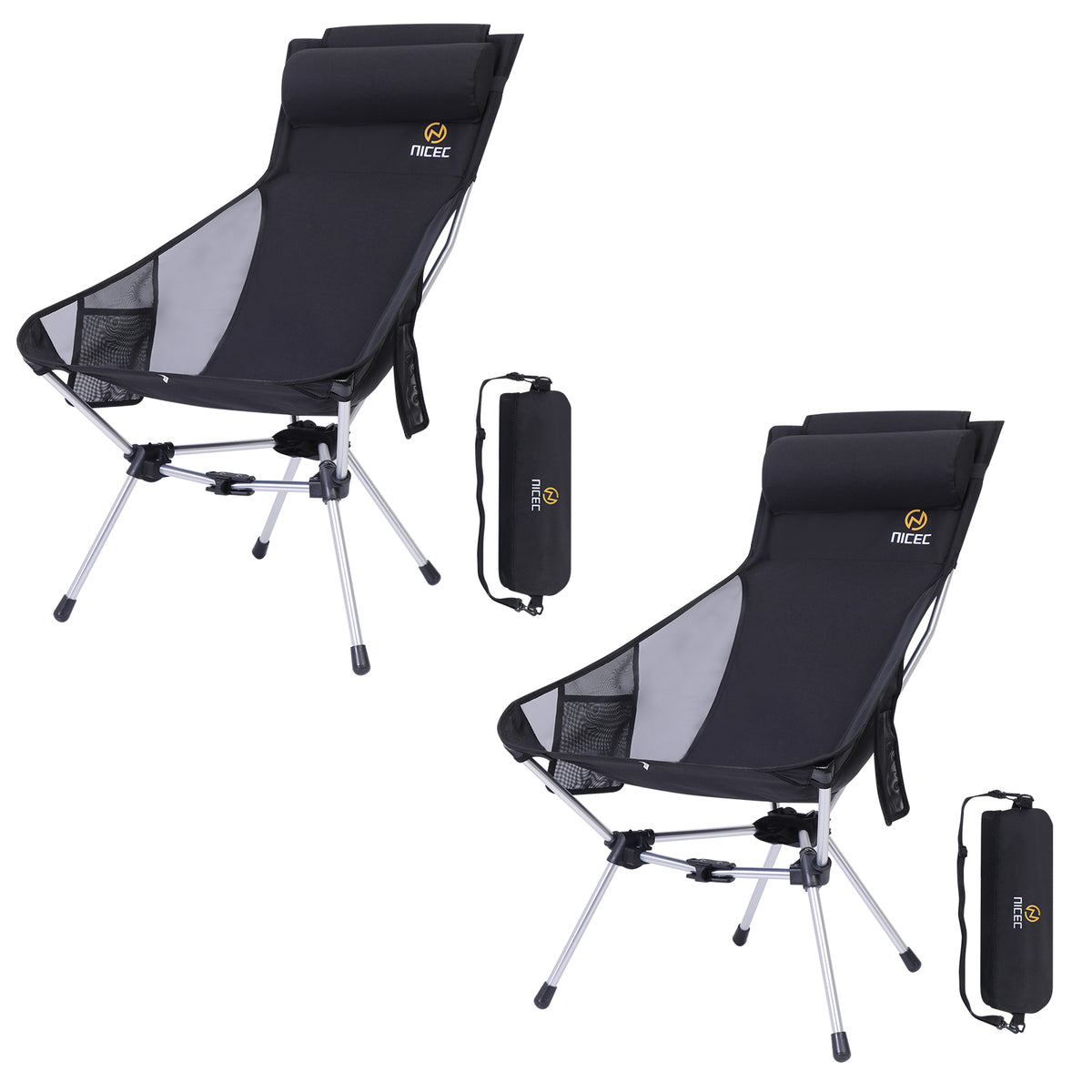 Nice C Ultralight Compact High Back Backpack Camp Chair (1 Black/2 Pack) | Foldable Hiking Chair, Collapsible Chair, Festival Chair, Heavy Duty, Travel, Picnic, Pillow, Carry Bag