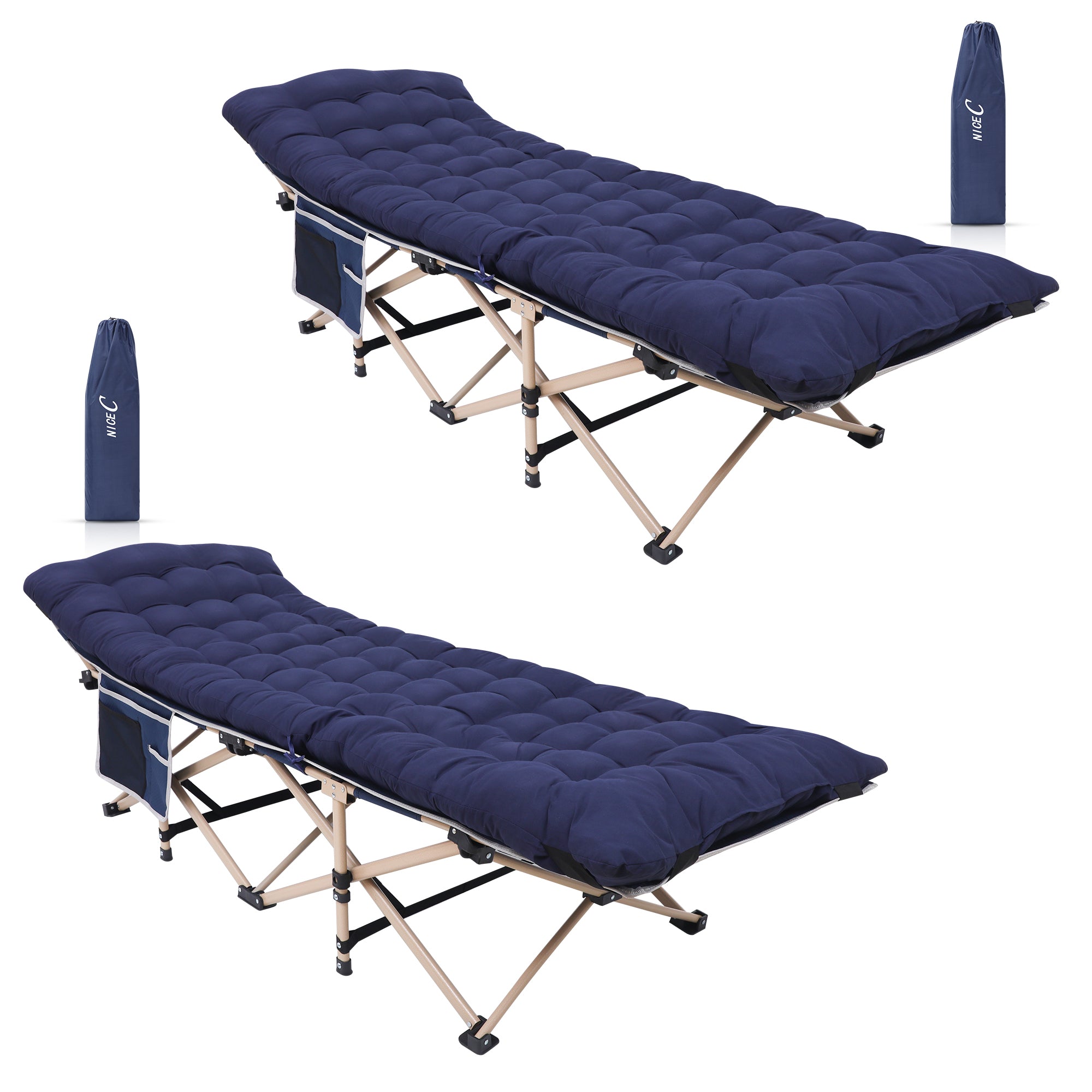 Nice C Camping Cot with Cushion, Folding Cot with Mattress\ Camping Bed with Pillow, Mattress Included, Extra Wide, 500 lb Capacity, Carry Bag, Storage Pocket