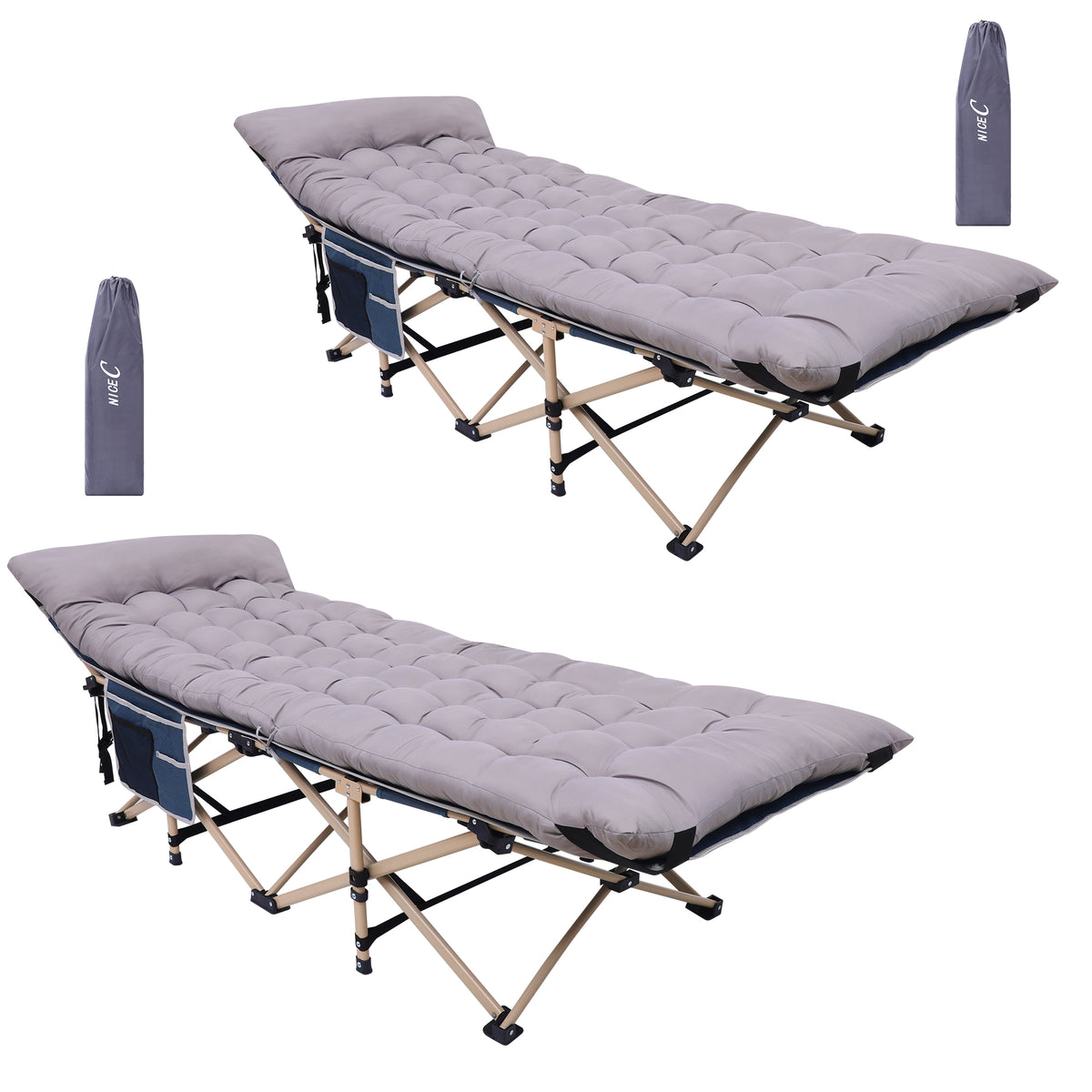 Nice C Camping Cot with Cushion, Folding Cot with Mattress\ Camping Bed with Pillow, Mattress Included, Extra Wide, 500 lb Capacity, Carry Bag, Storage Pocket