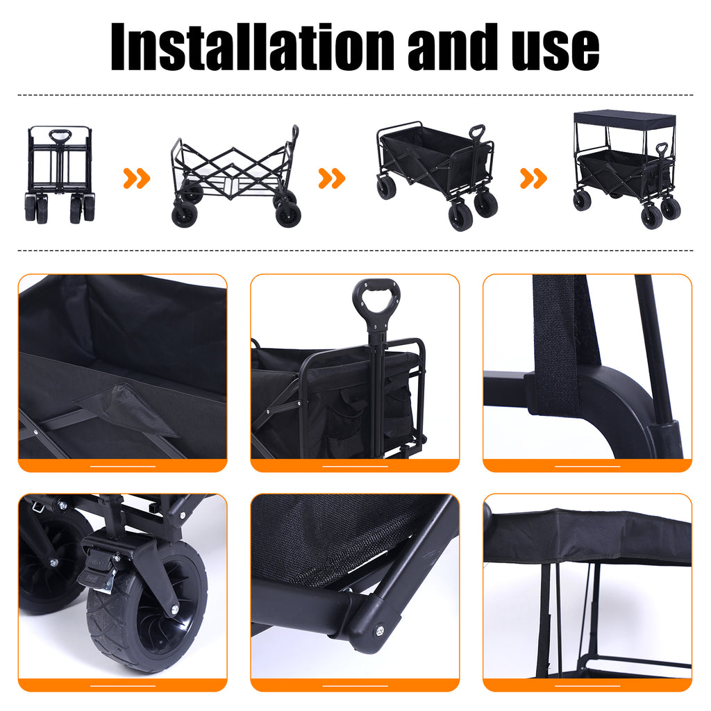 Nice C Heavy Duty Wagon, Collapsible Wagon with Canopy, Black, Steel, 4 Wheels, 33 x 22.4 x 7.6 inches