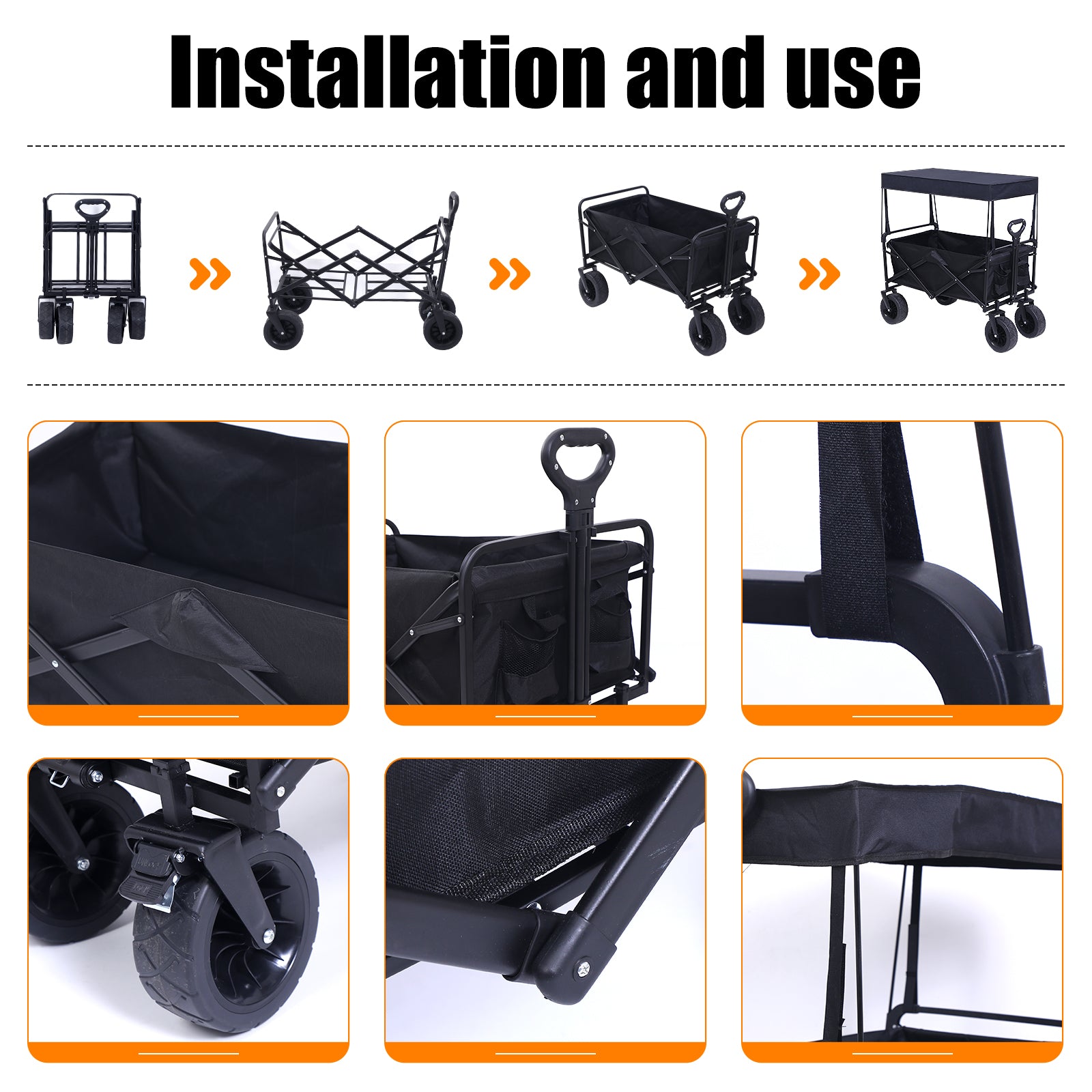 Nice C Heavy Duty Wagon, Collapsible Wagon with Canopy, Black, Steel, 4 Wheels, 33 x 22.4 x 7.6 inches