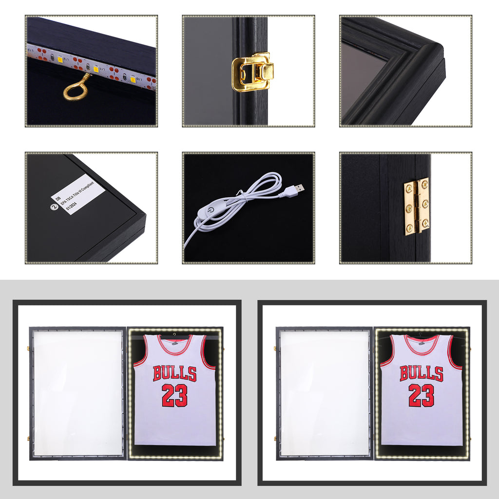 Nice C Lighted Jersey Frame, LED Display Case for Football & Basketball, Valet Pinboard