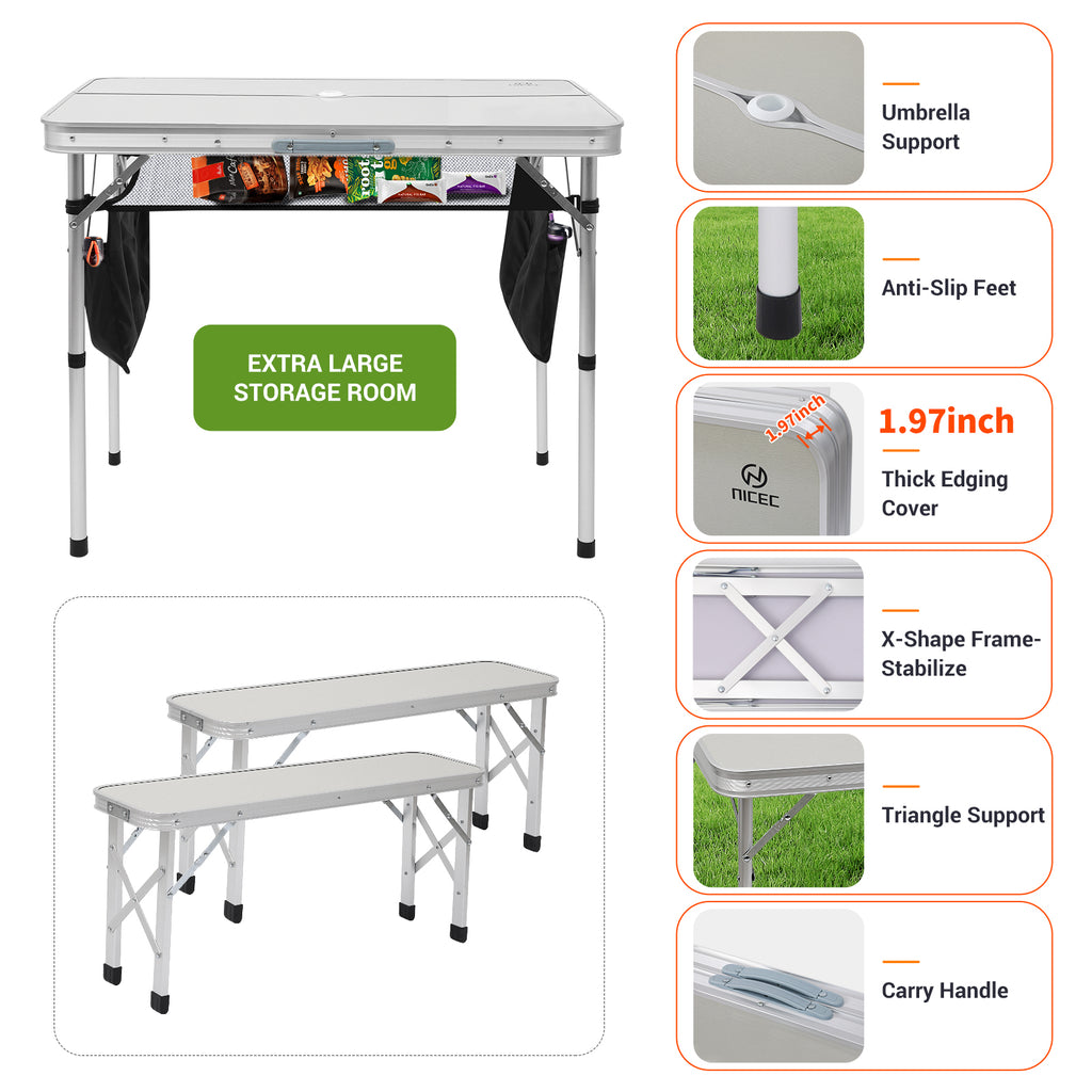 Nice C Folding Picnic Table, Portable Picnic Table, Folding Table with Bench, Outdoor Table and Chairs, Hole for Umbrella, Mesh net Storage, Backyard, Party, Outdoor, Lawn