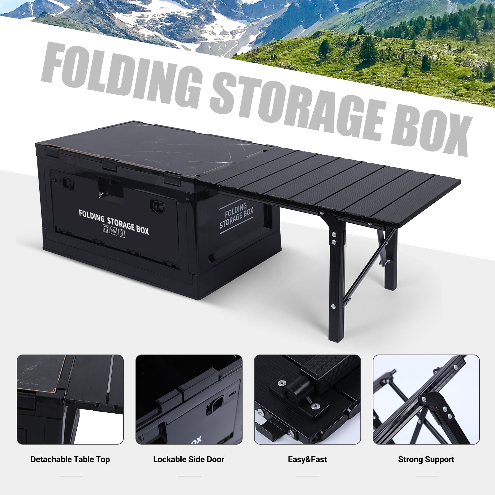 Nice C Folding Table, Storage Bin with Table, Collapsible Storage Box with Table, Organizing Containers Plastic with Wood Lid and 2 Side Doors, Stackable Organizer