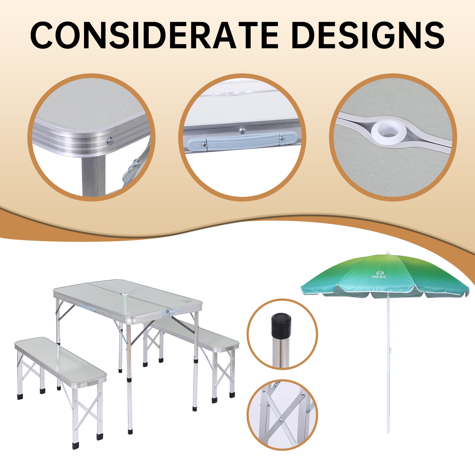 Nice C Picnic Table, Folding Picnic Table and Umbrella, Camping Table with 2 Benches and Umbrella, Mesh net for Backyard, Party, Outdoor, Patio, Lawn