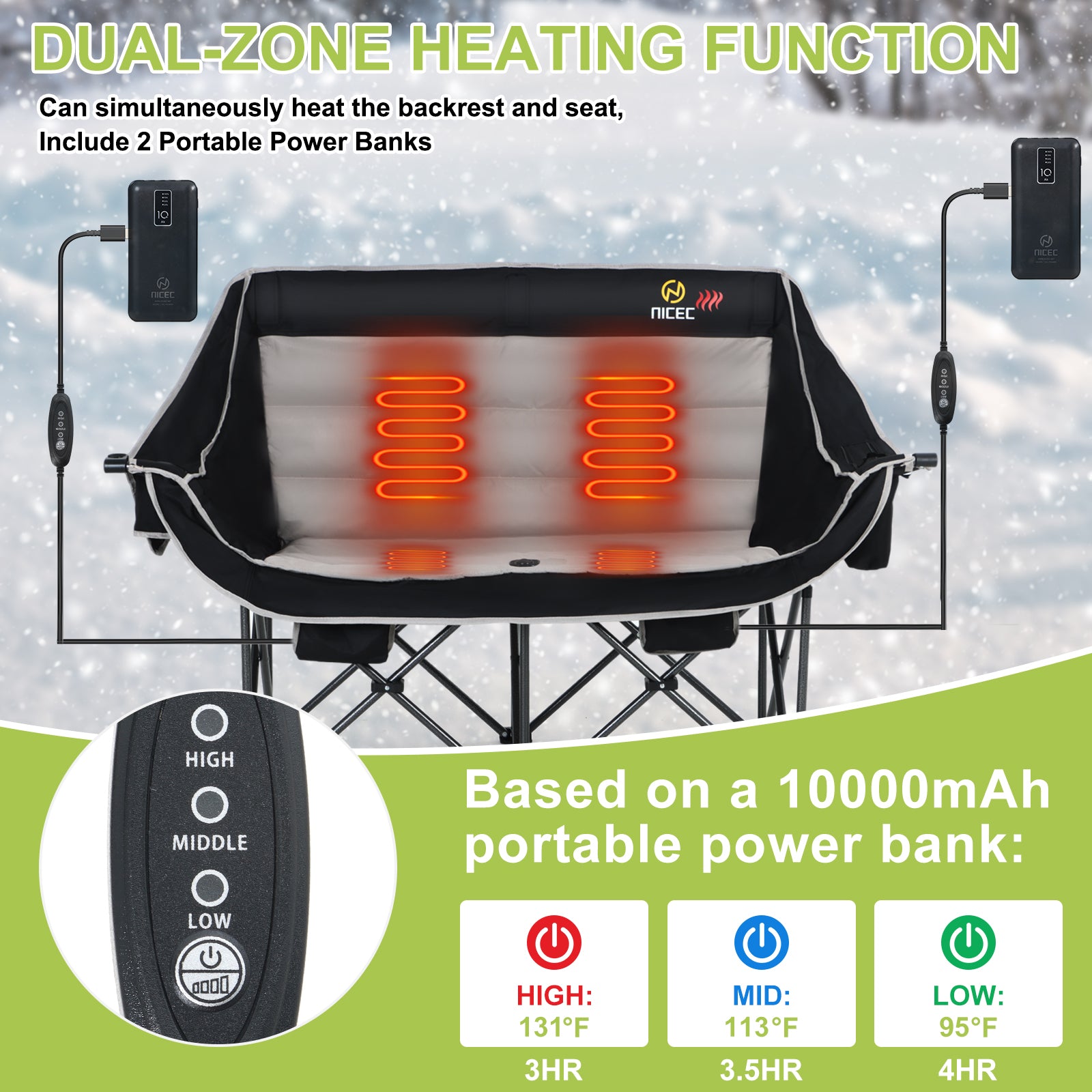 Nice C Heated Double Camping Couch, Padded Loveseat with 2 Rechargeable Power Banks 